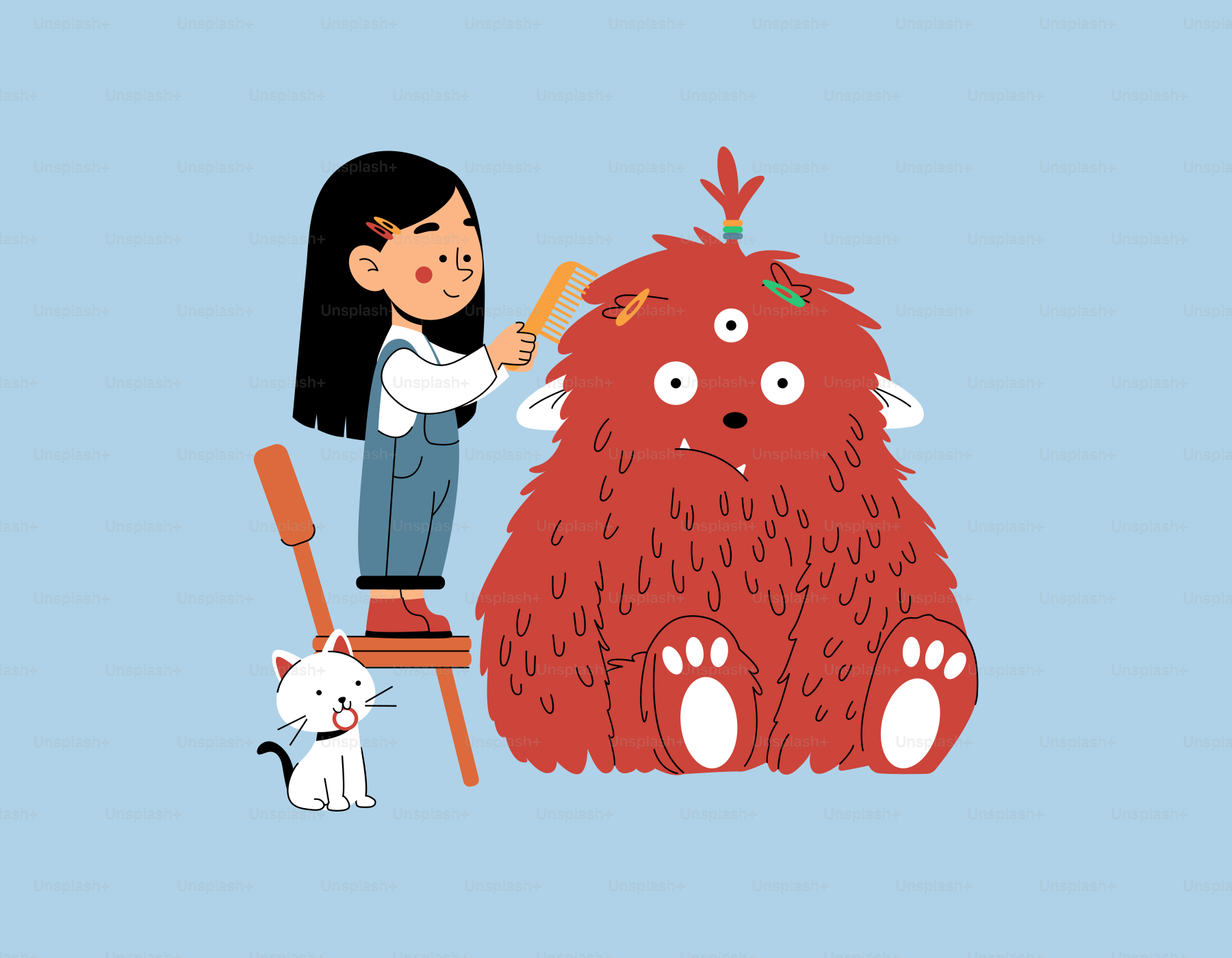 A woman sitting on top of a chair next to a big red monster