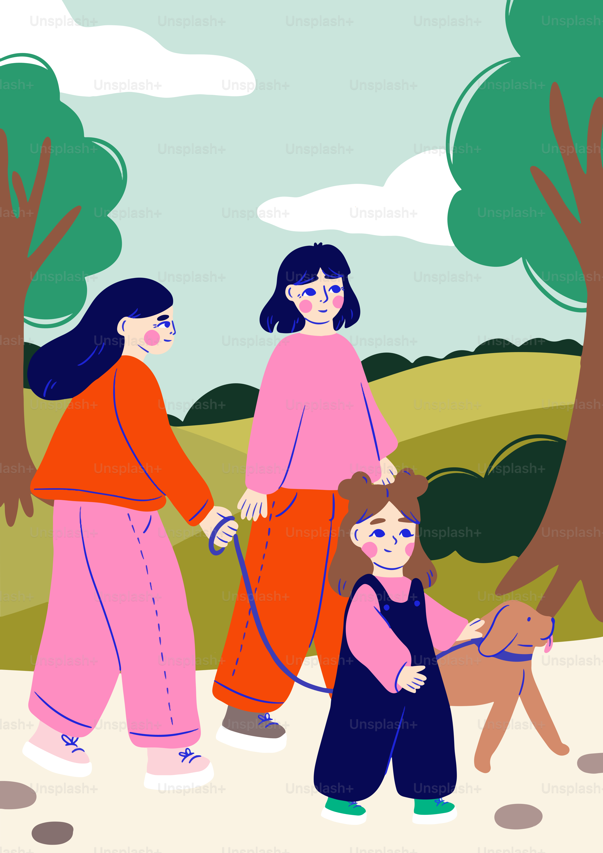 A family walking their dog in the park