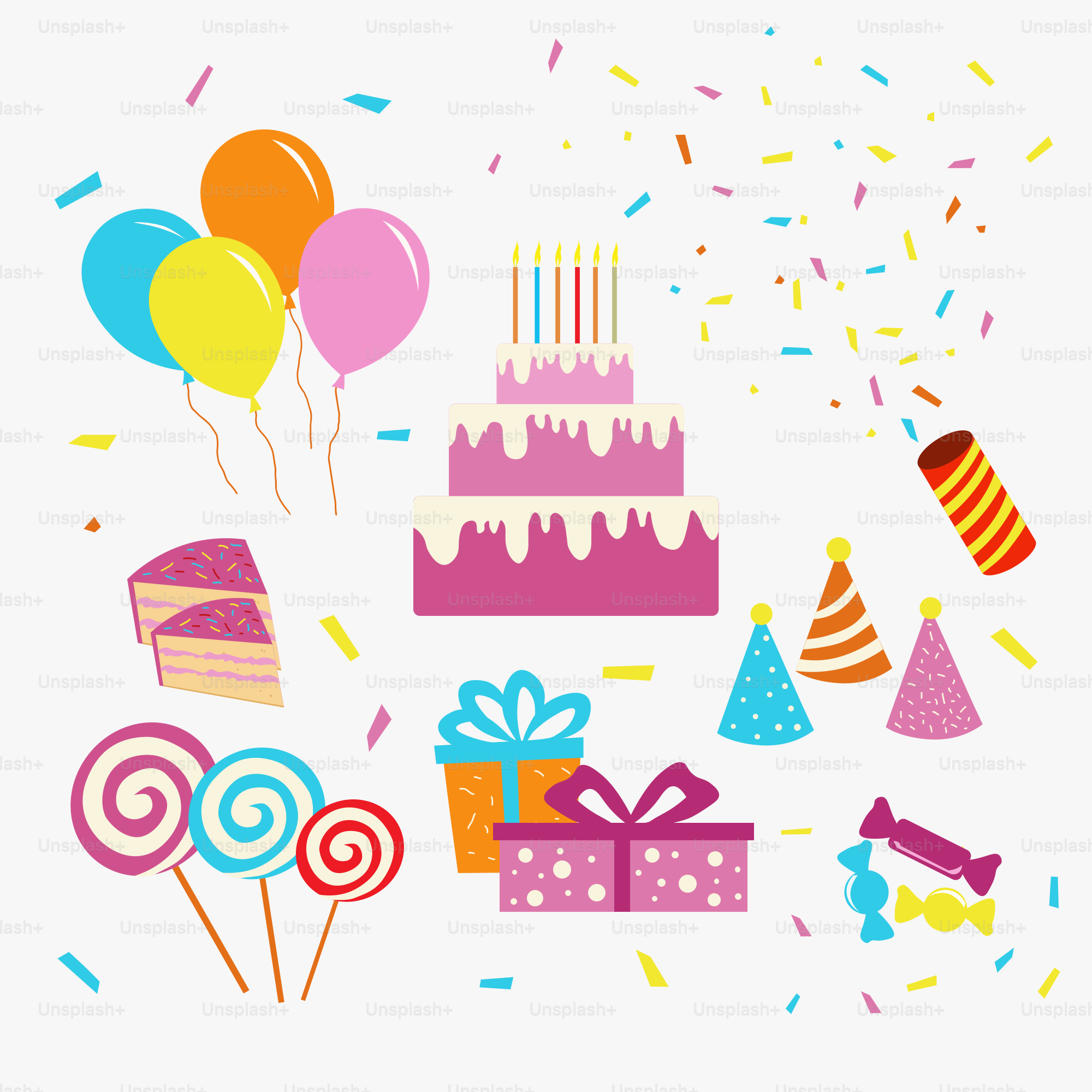 A birthday card with a cake and balloons