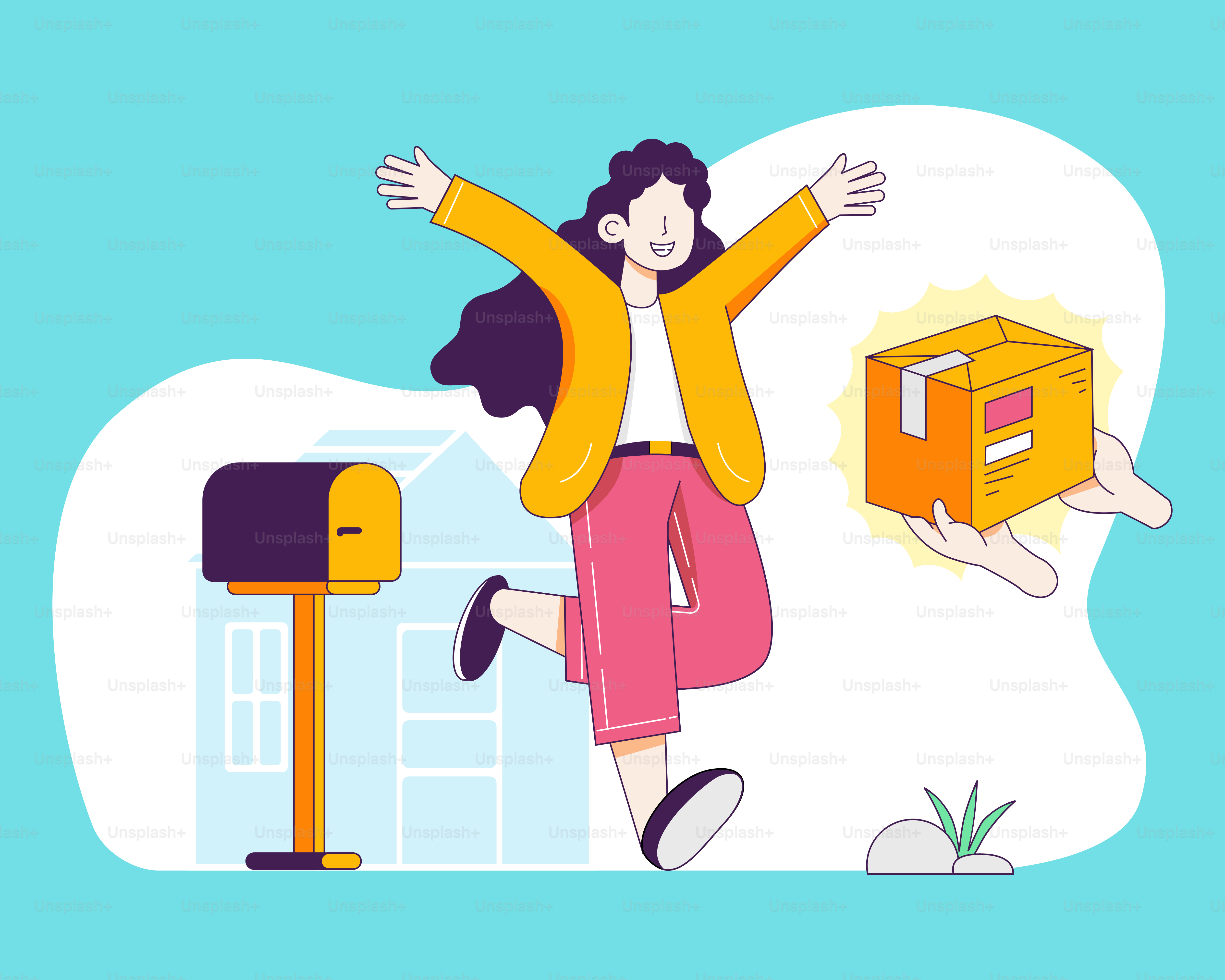 A woman is holding a box and a mailbox