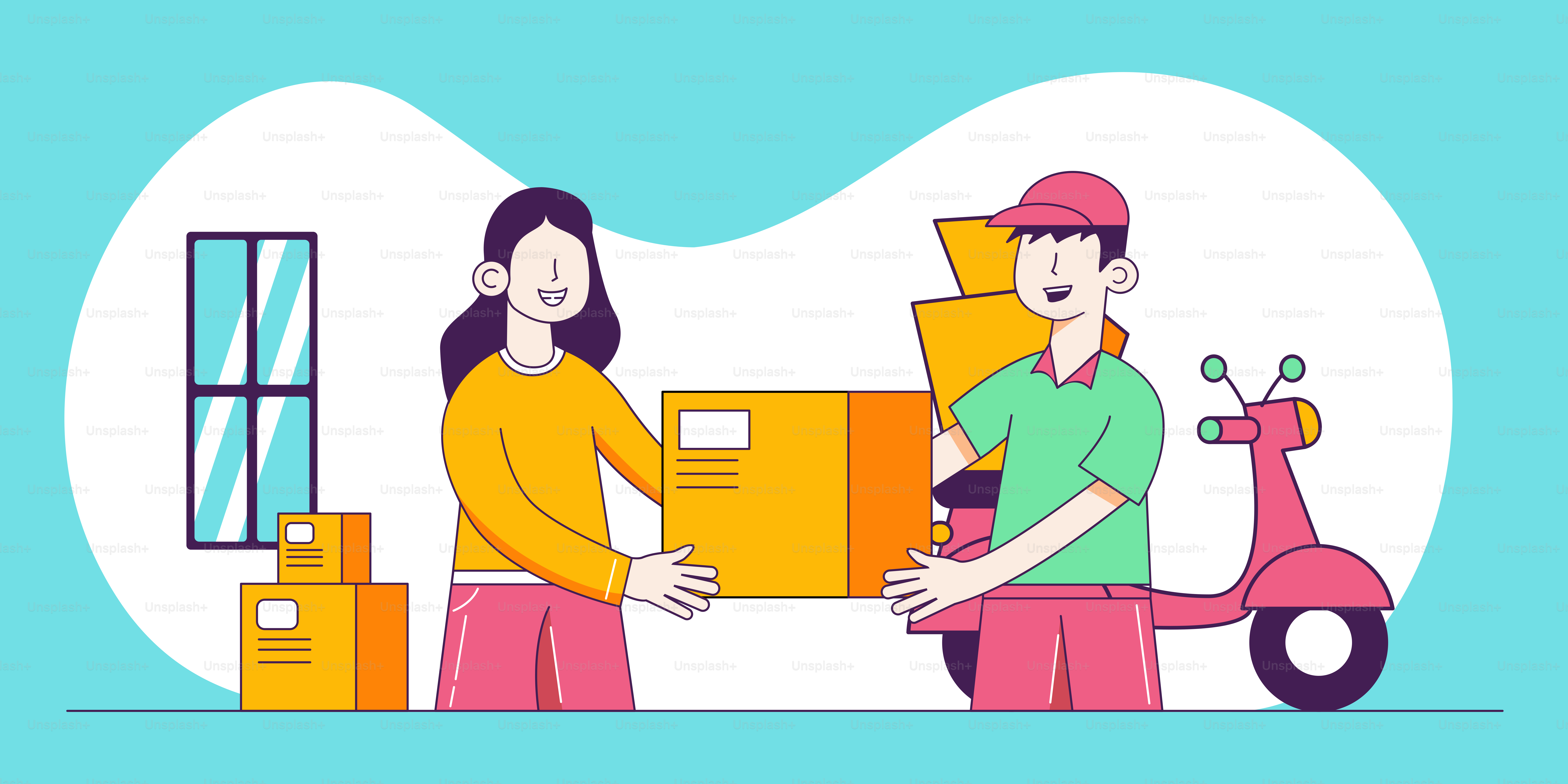 A man and a woman moving boxes on a scooter