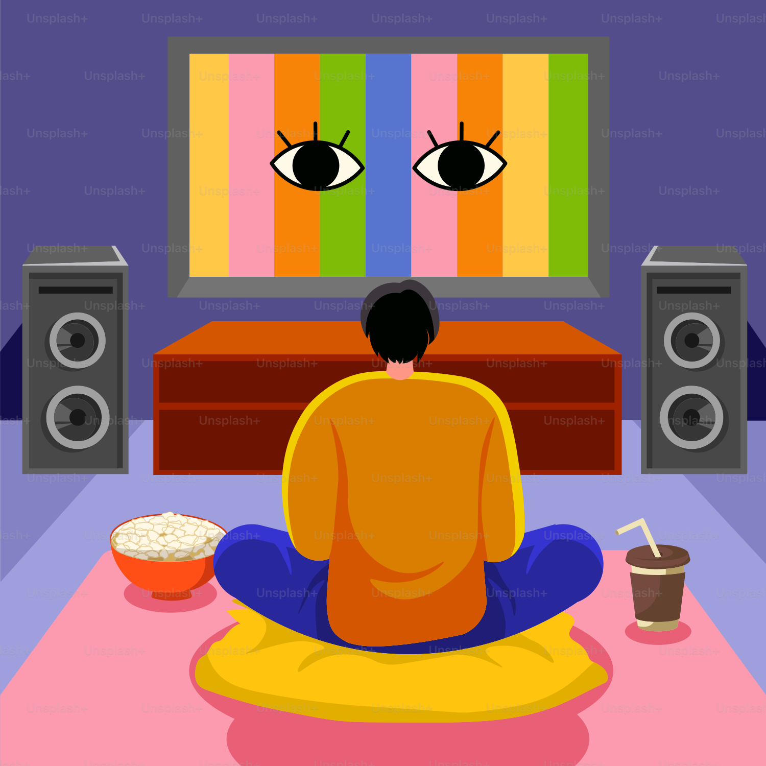 A person sitting on a bean bag chair in front of a TV