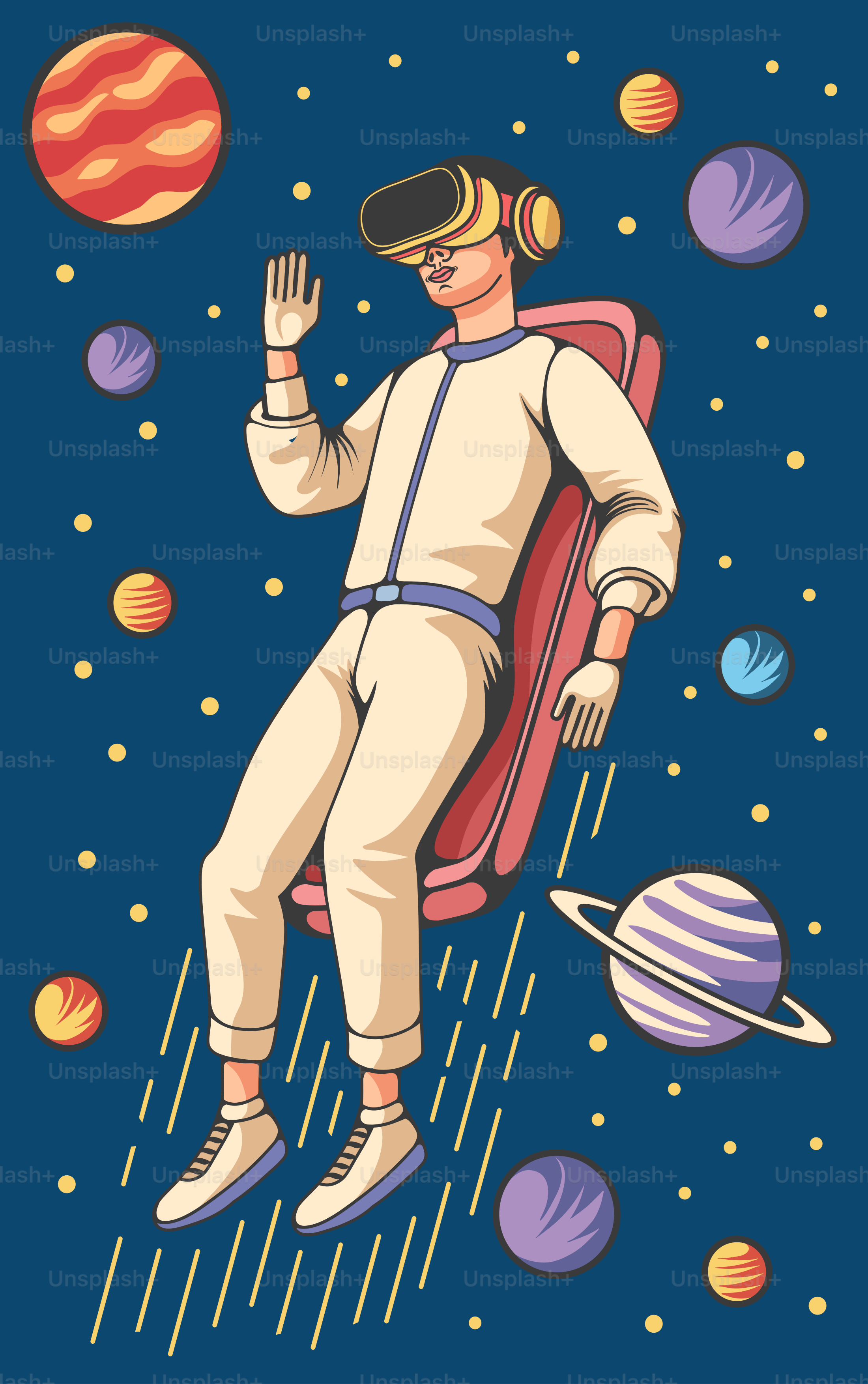 Ein Mann im Raumanzug, der auf einem Stuhl sitzt, umgeben von Planeten