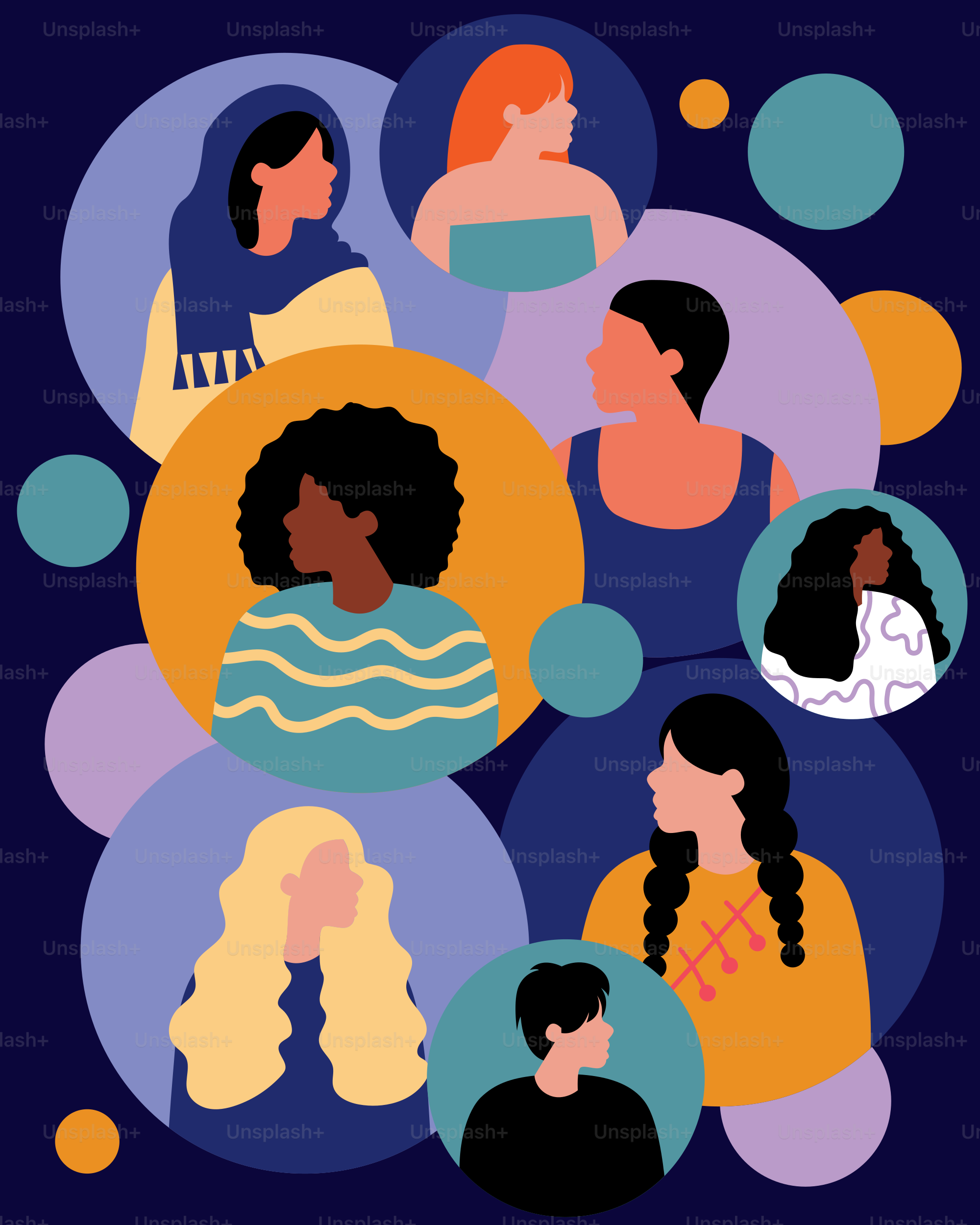 A group of people with different colored circles around them