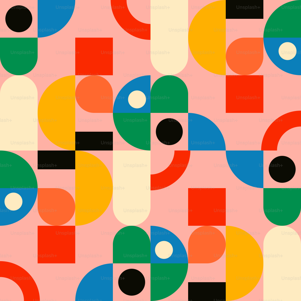 A pink background with a pattern of colorful shapes