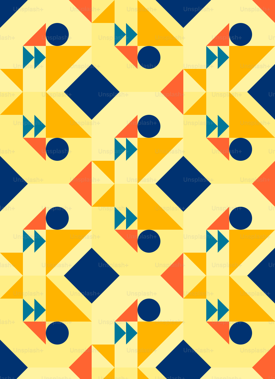 A colorful pattern with blue, yellow, and orange shapes
