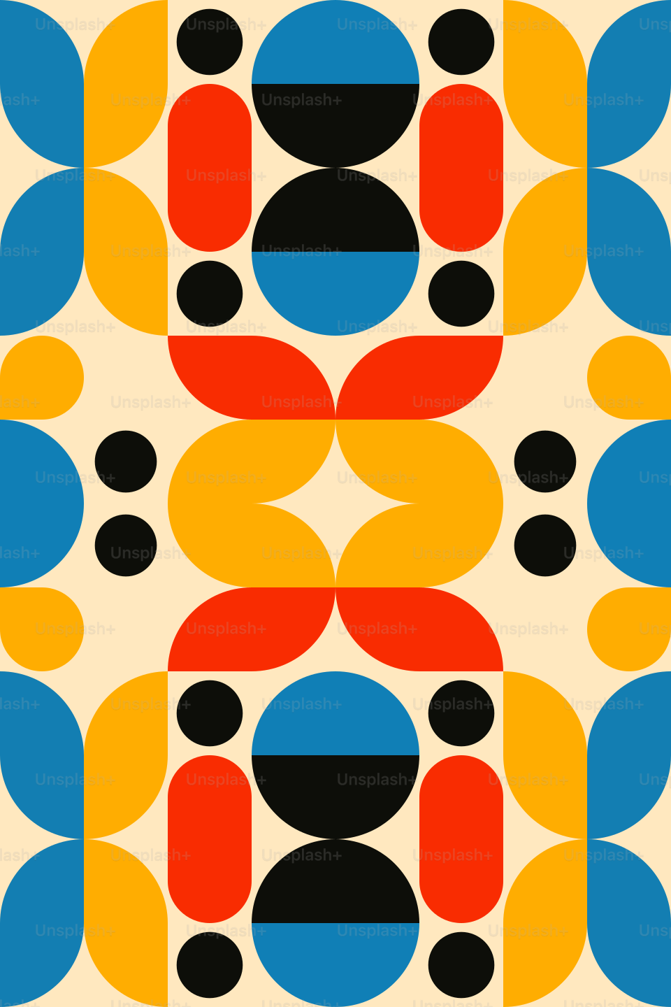 A colorful pattern with circles and dots on a white background