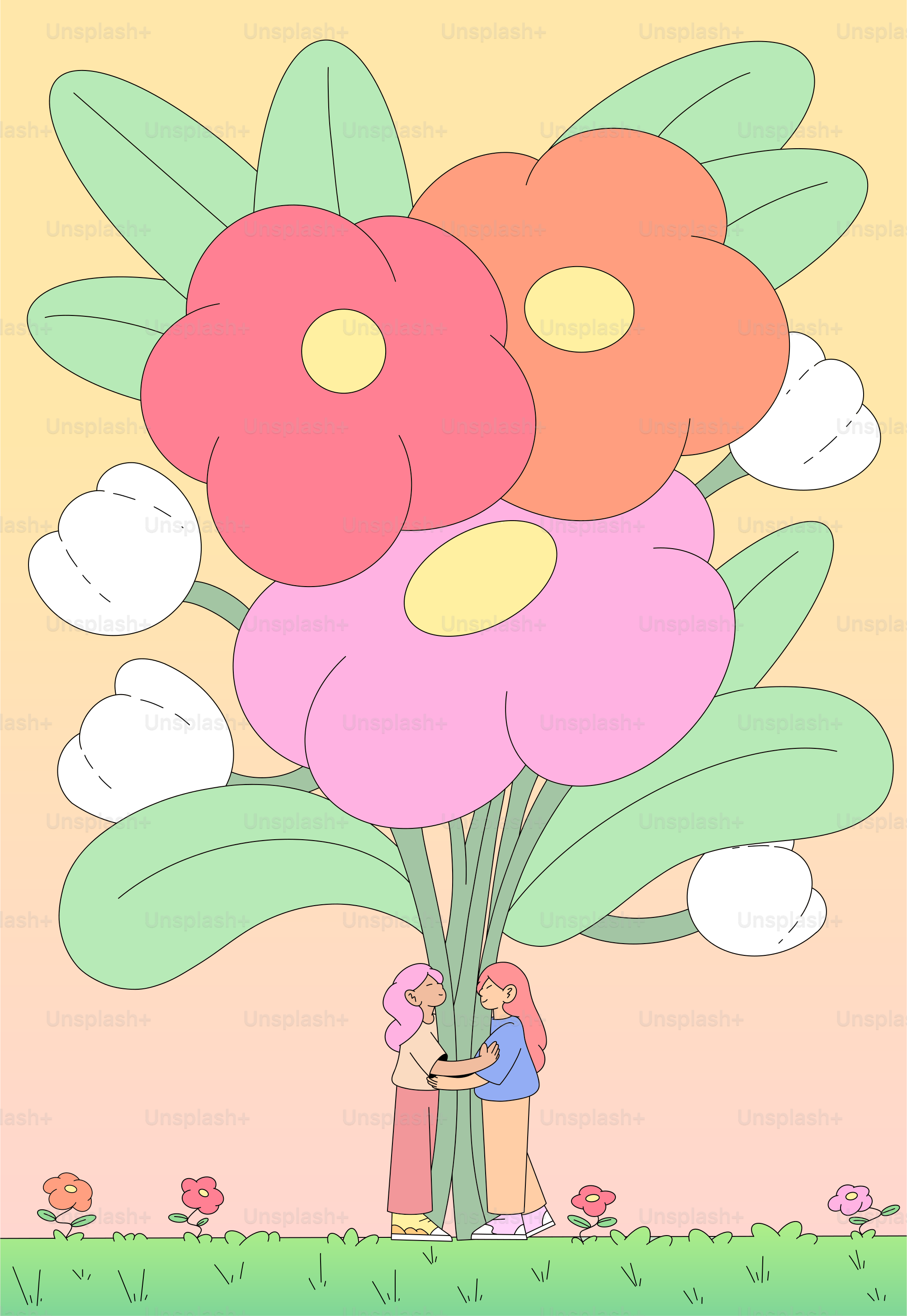 A woman is hugging a man in front of a large bouquet of flowers