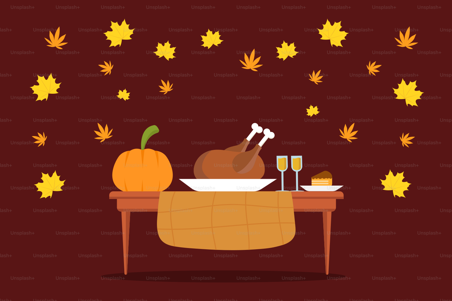 A table with a turkey and two glasses of wine