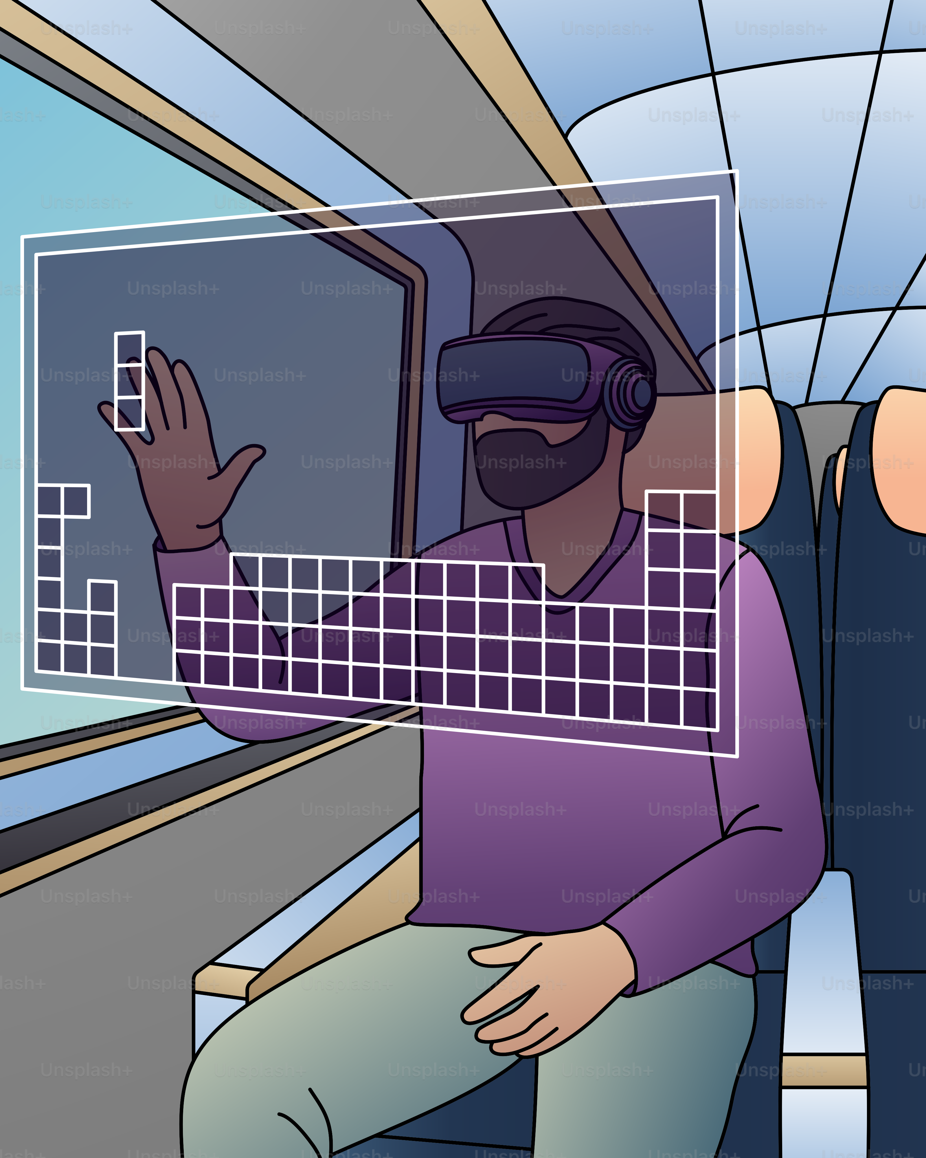 A man wearing a virtual reality headset on a train