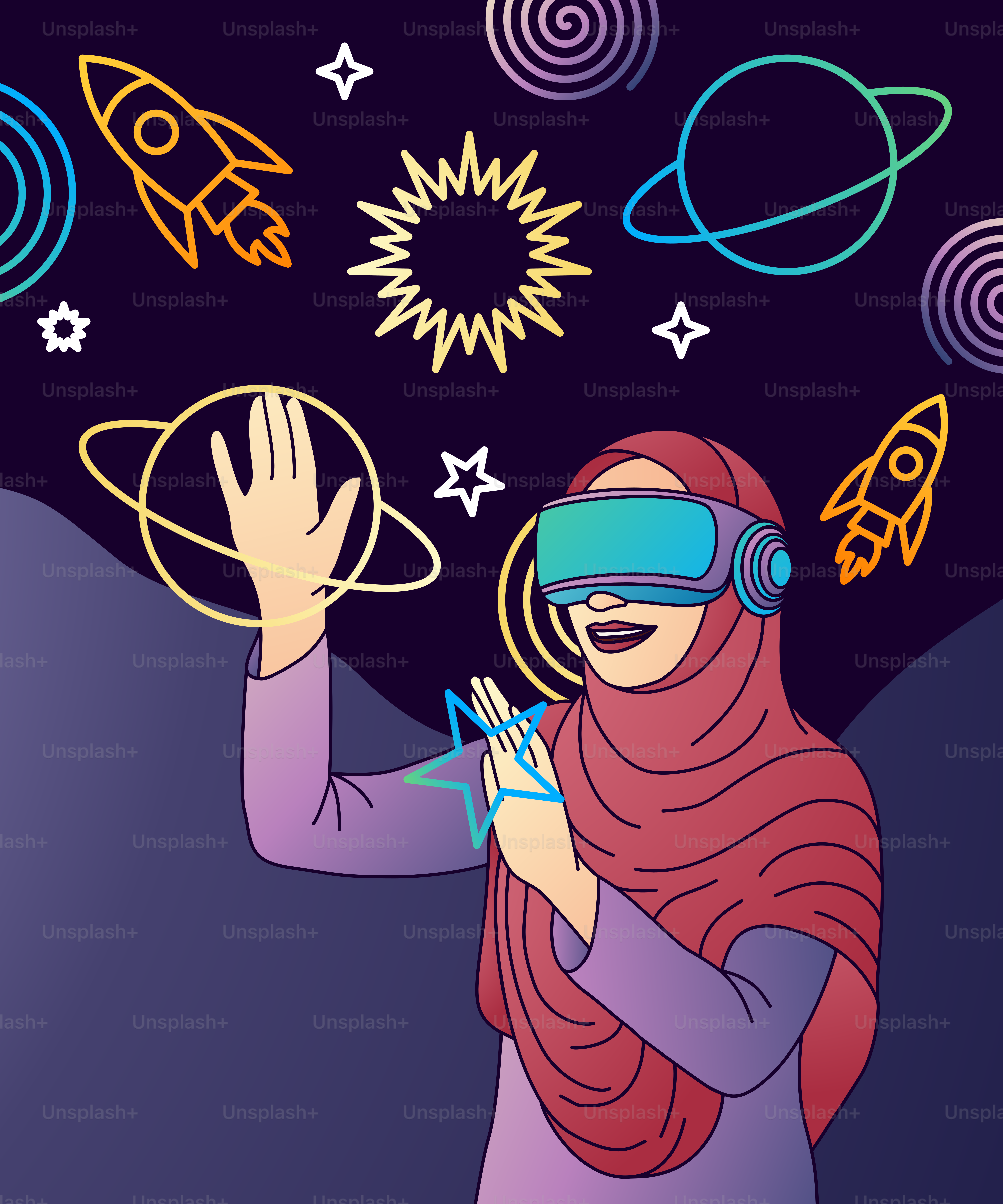 A woman wearing a headset and a scarf