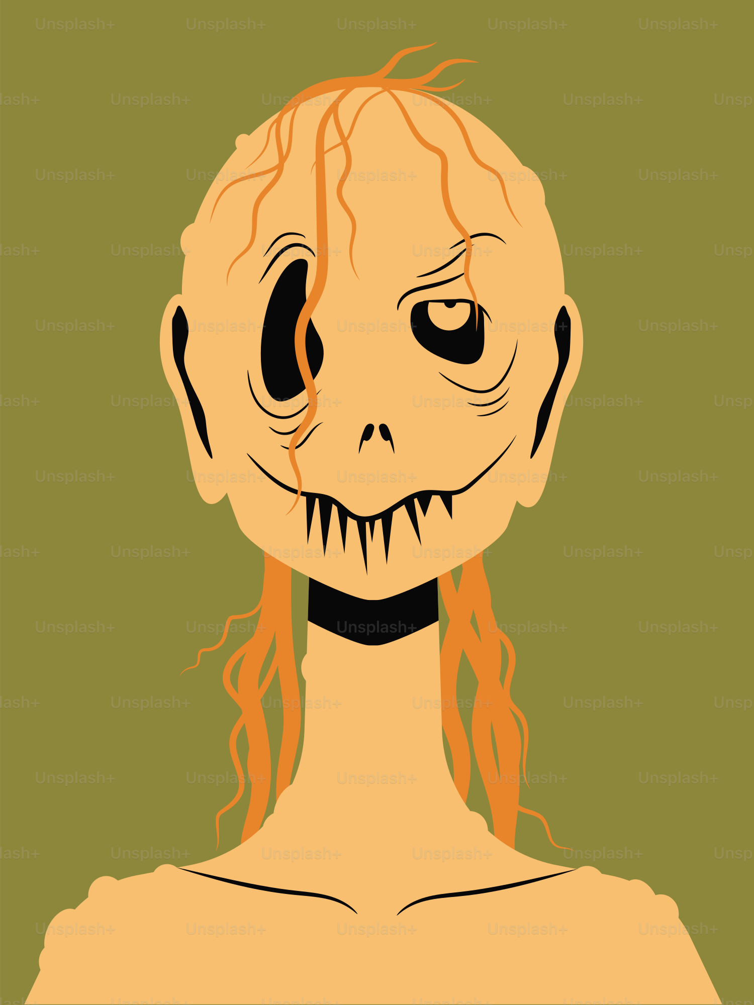 Una donna con i capelli lunghi e un viso inquietante