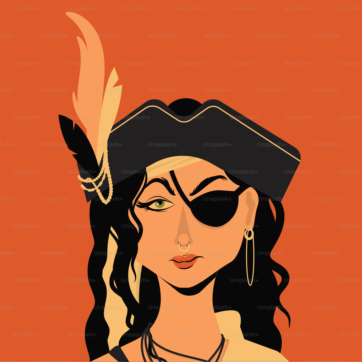 A woman in a pirate hat with a feather on her head