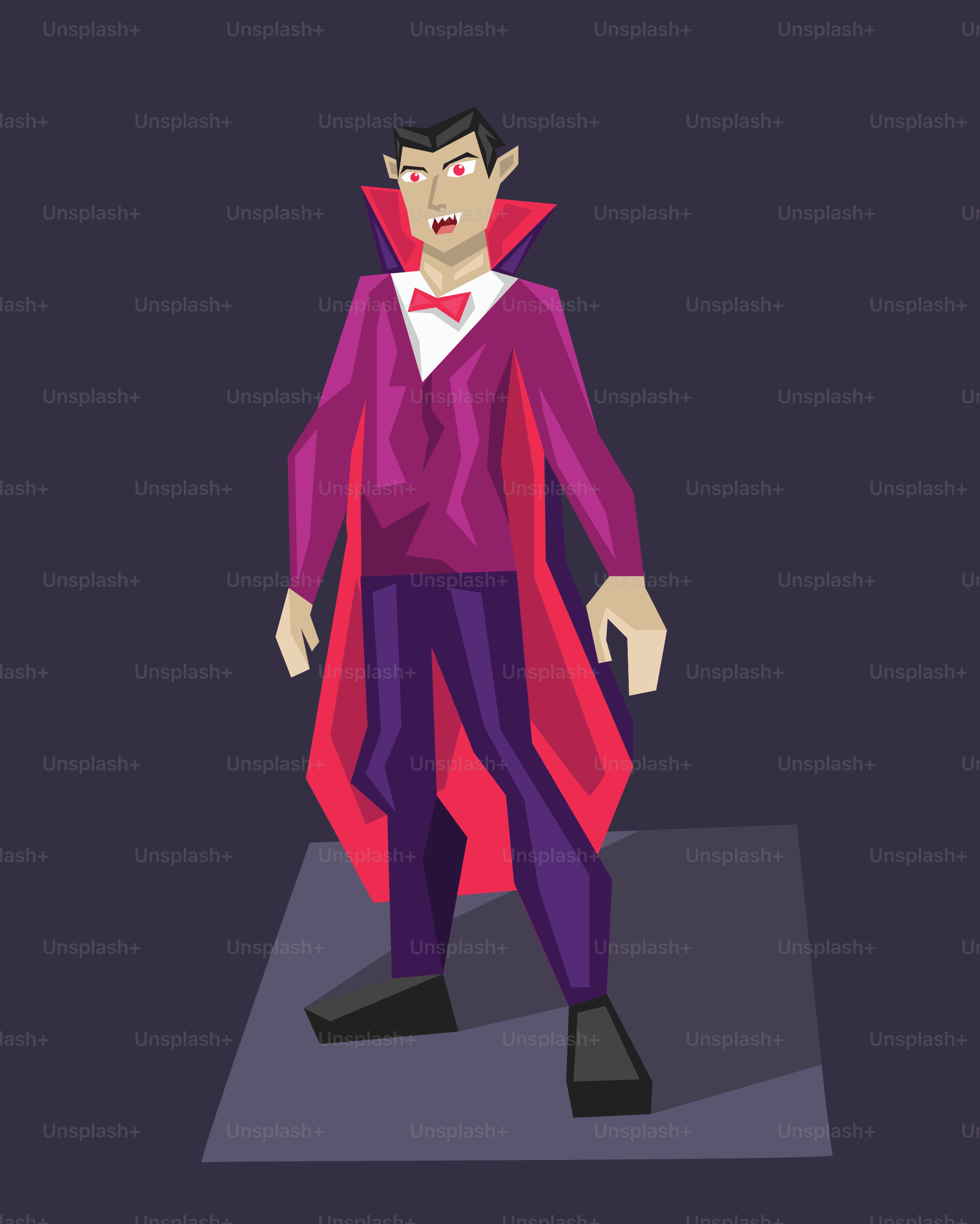 Un hombre con un traje morado y capa roja