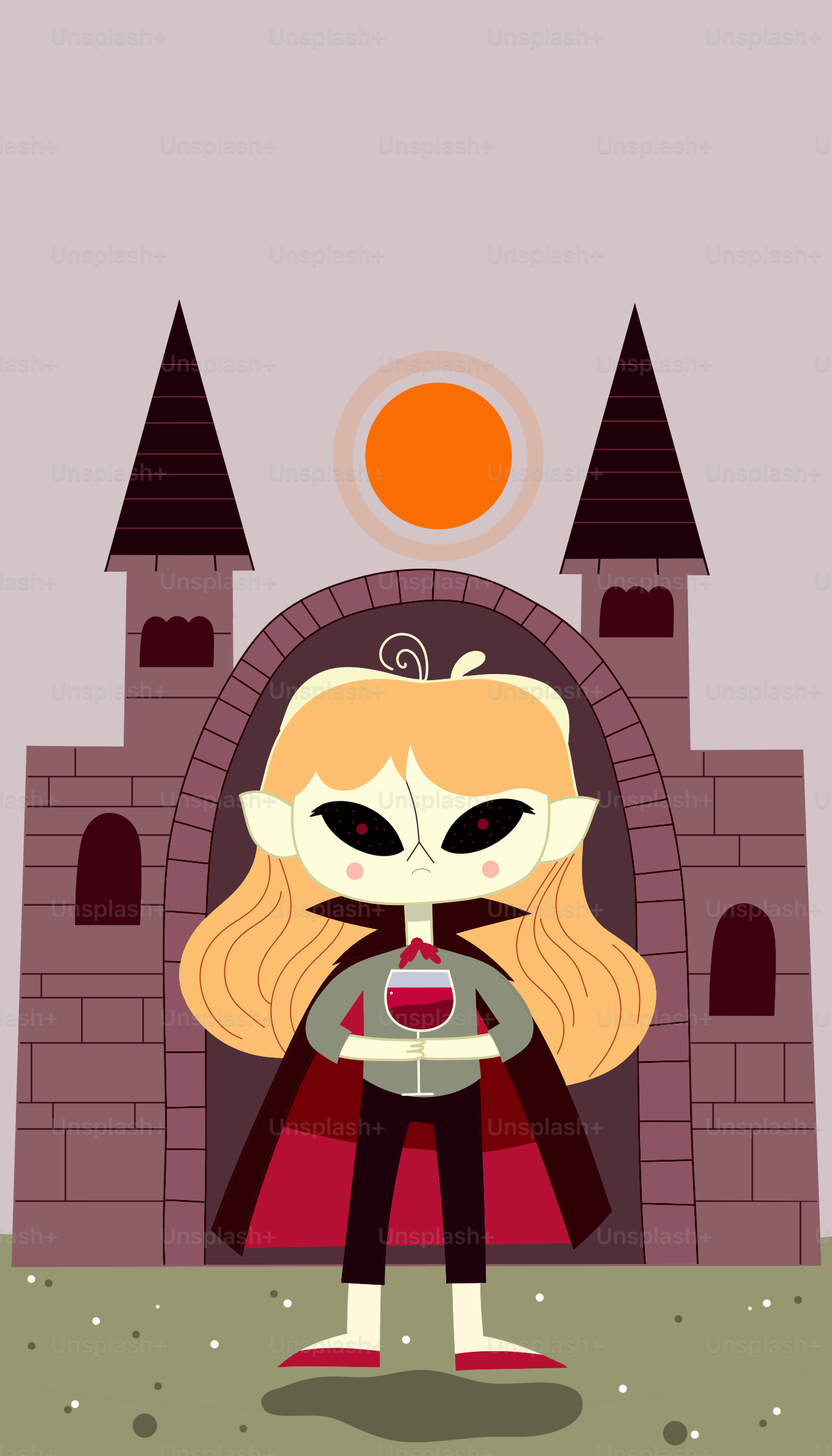 Une fille masquée debout devant un château