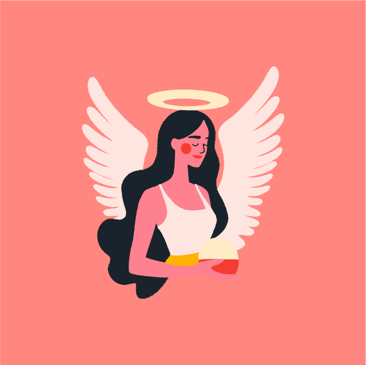 A woman with angel wings on a pink background