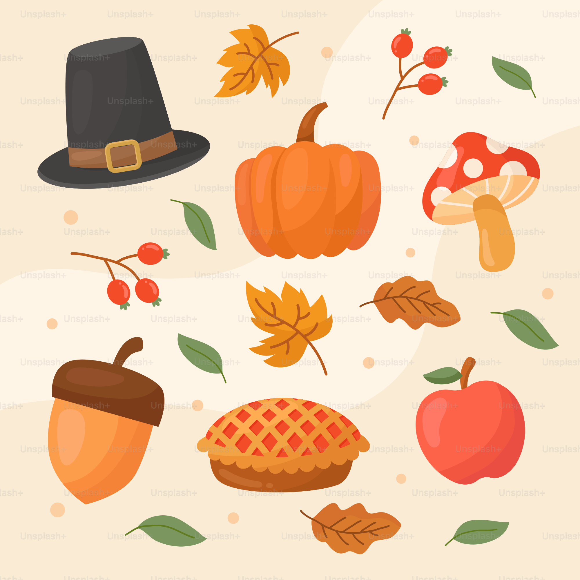 A thanksgiving card with a hat, pumpkins, apples, leaves, mushrooms and