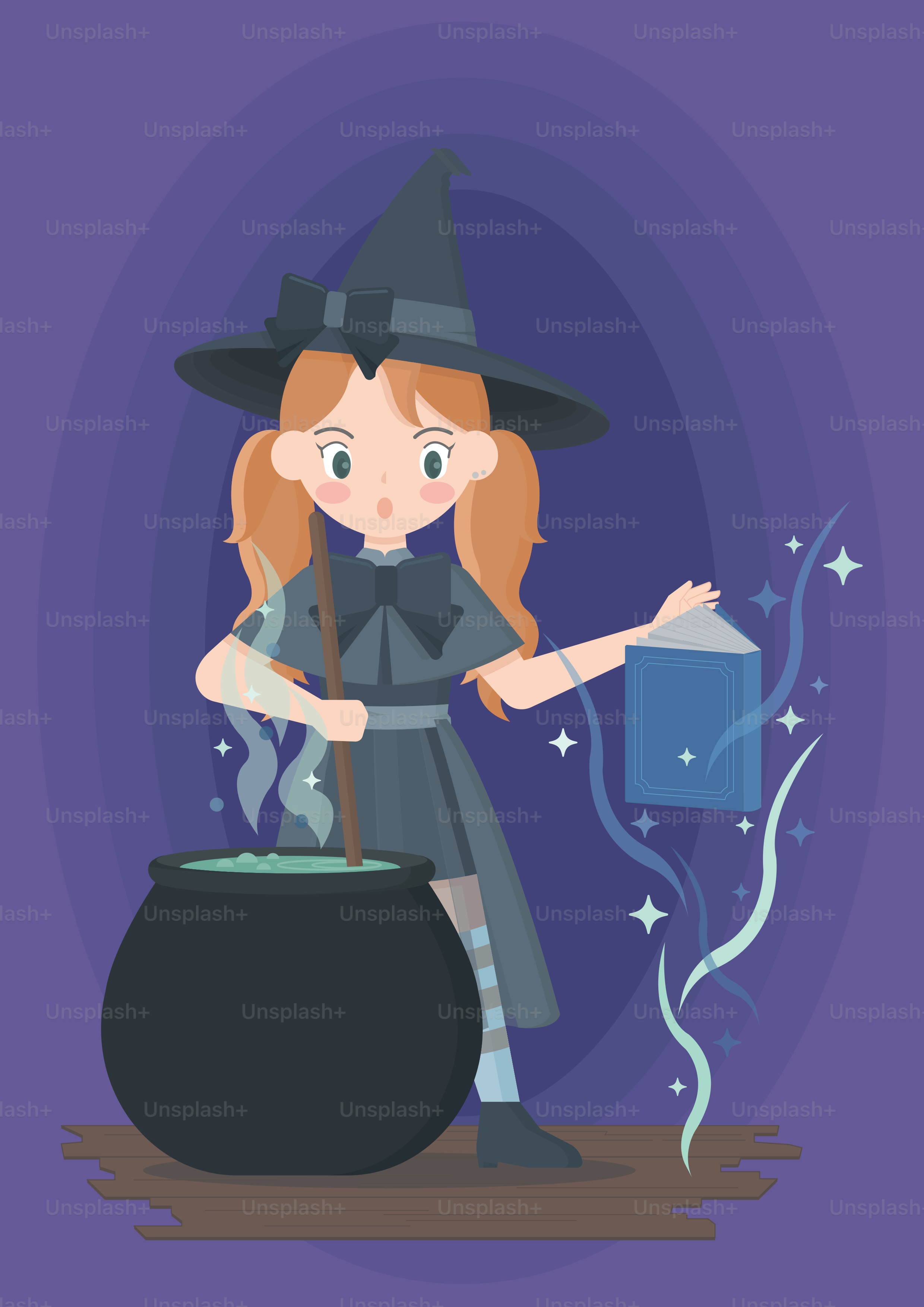 Eine Frau im Hexenkostüm steht neben einem Kessel