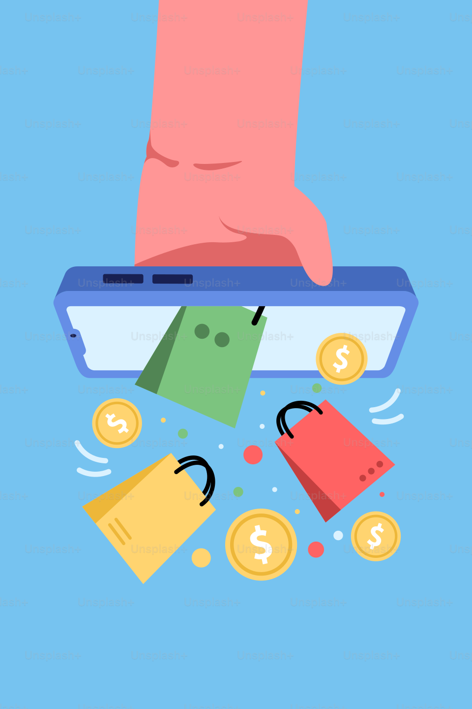 A hand holding a phone with money coming out of it