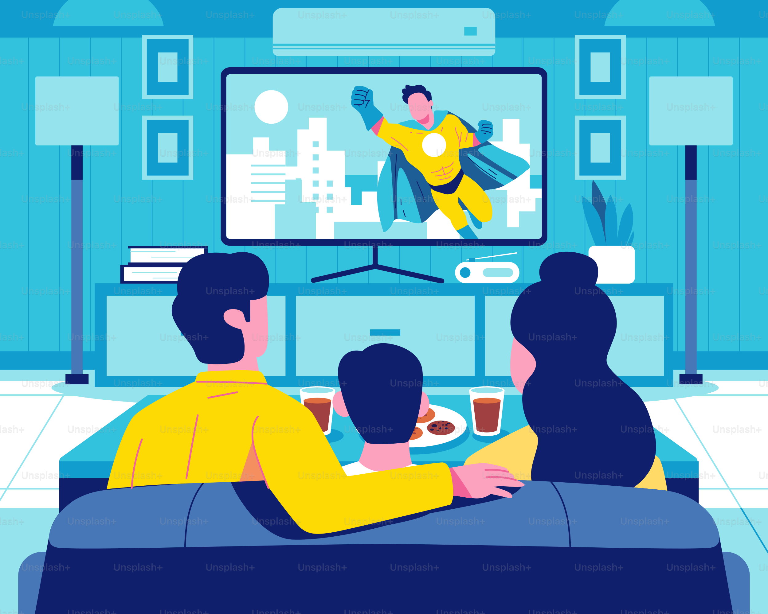 A family is watching TV in the living room