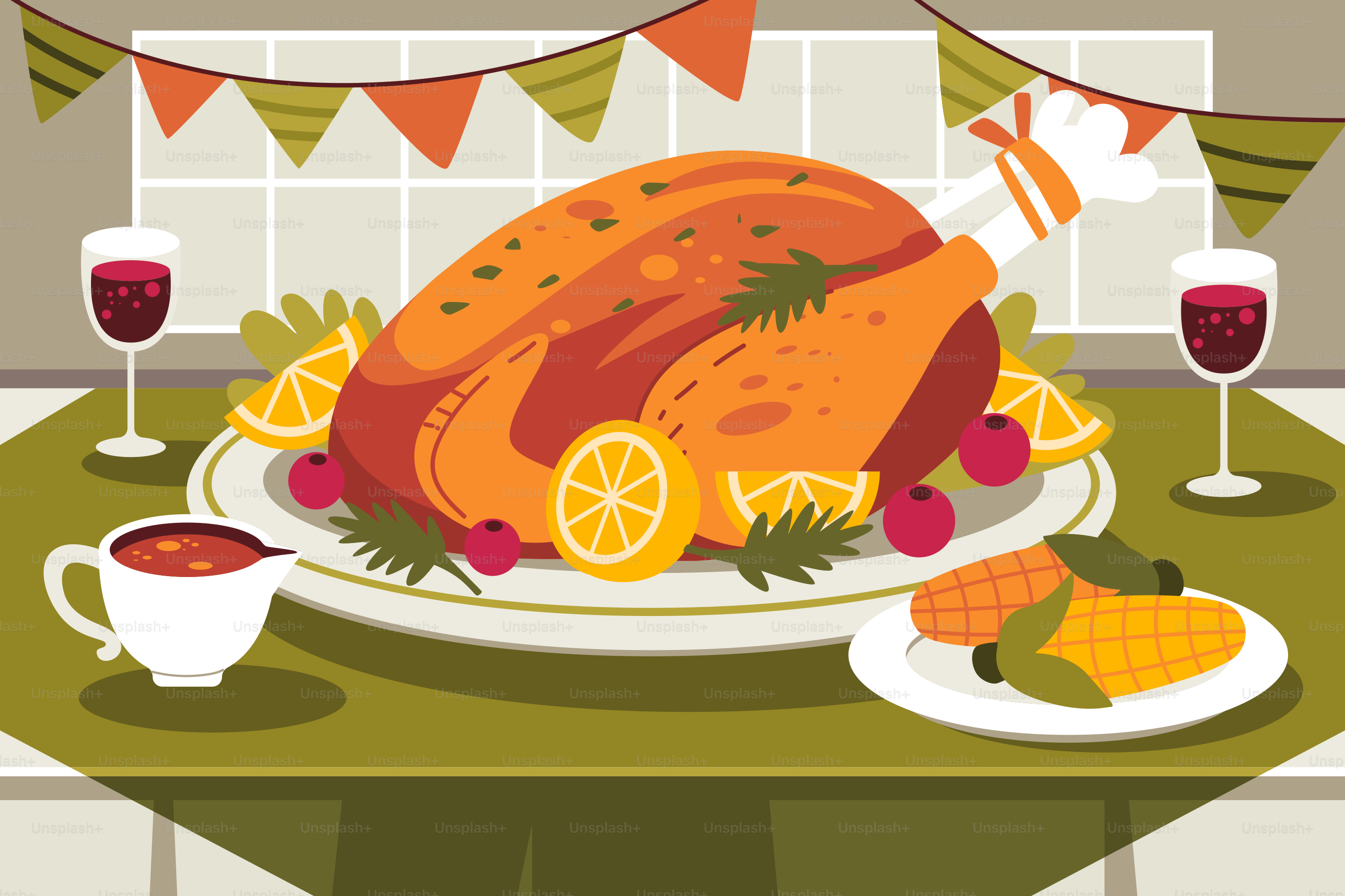 A turkey on a table with a glass of wine