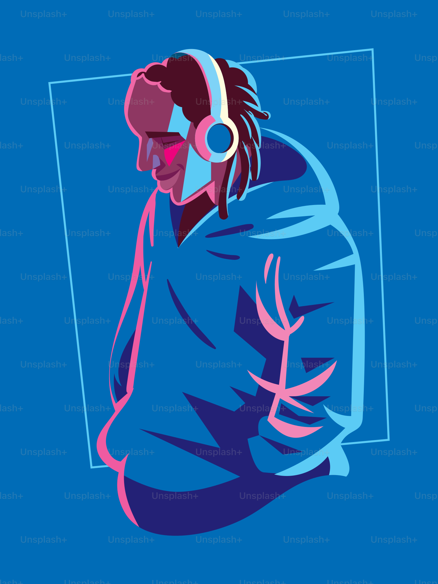 A man wearing headphones and a blue jacket
