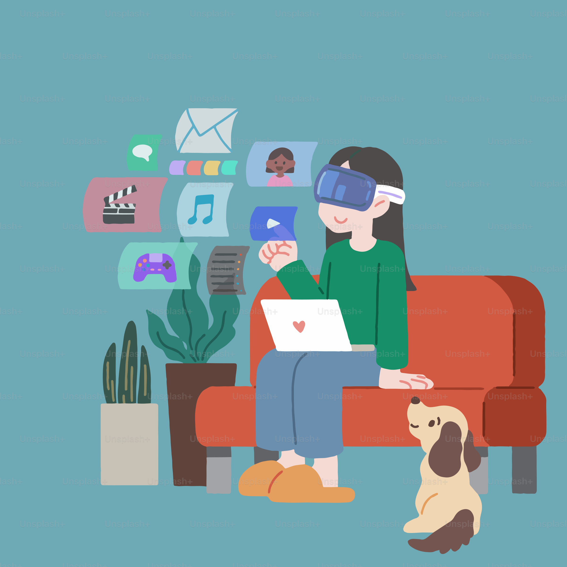 Eine Person, die mit einem Laptop und einem Hund auf einer Couch sitzt