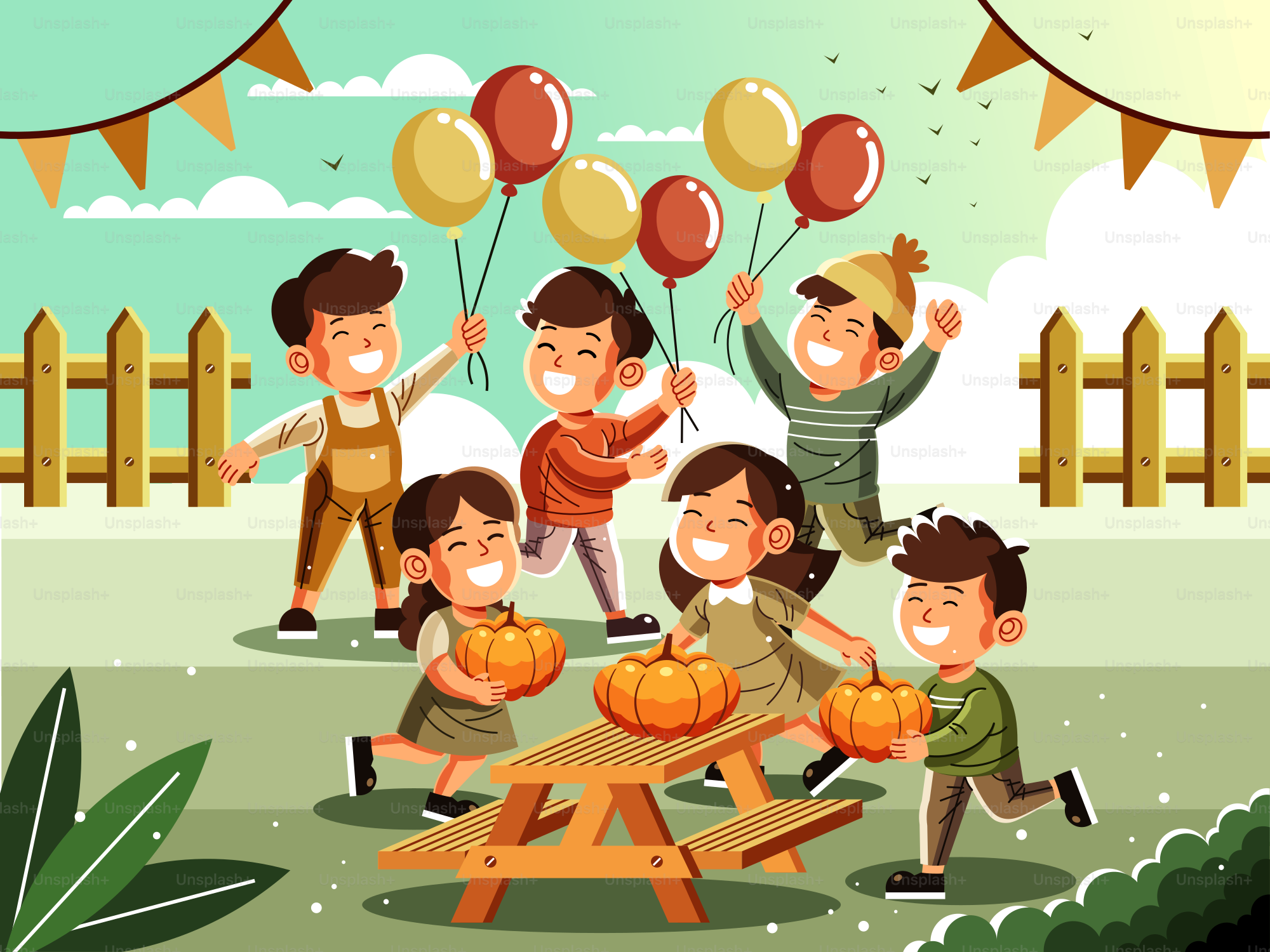 Un grupo de niños sosteniendo calabazas frente a una valla