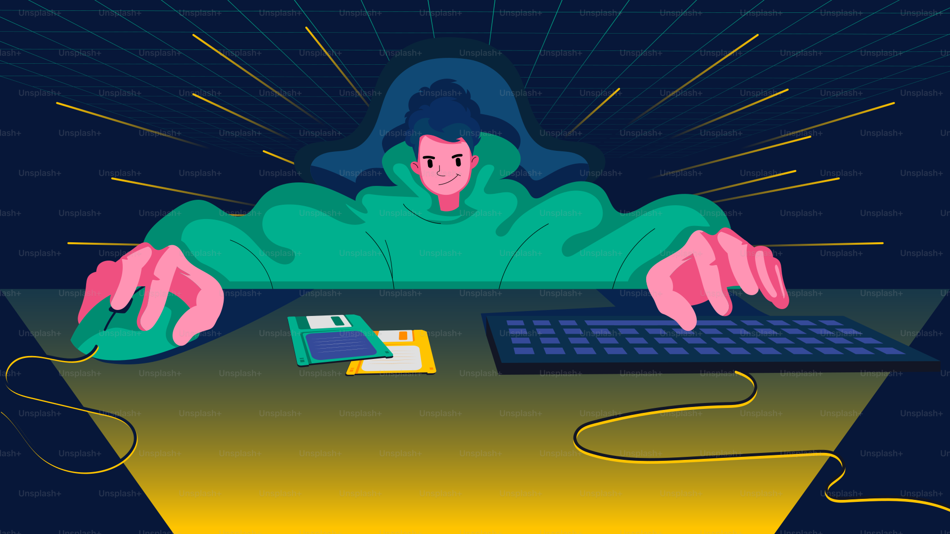 A person sitting at a desk with a keyboard and mouse