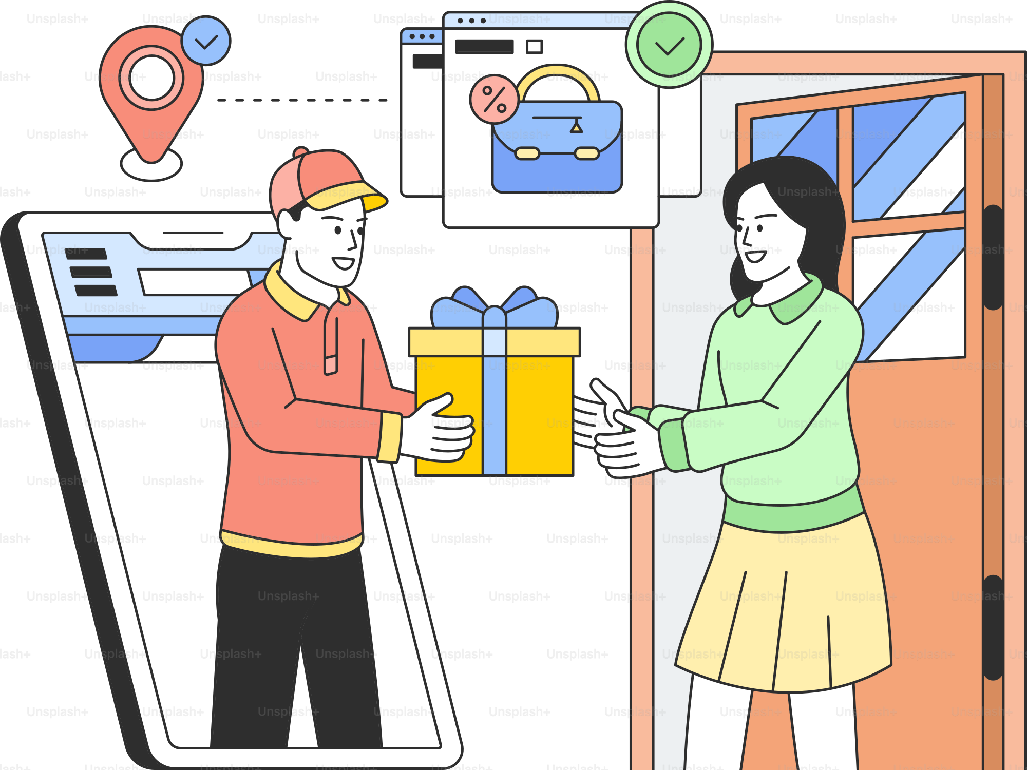 A man giving a woman a gift in front of a phone