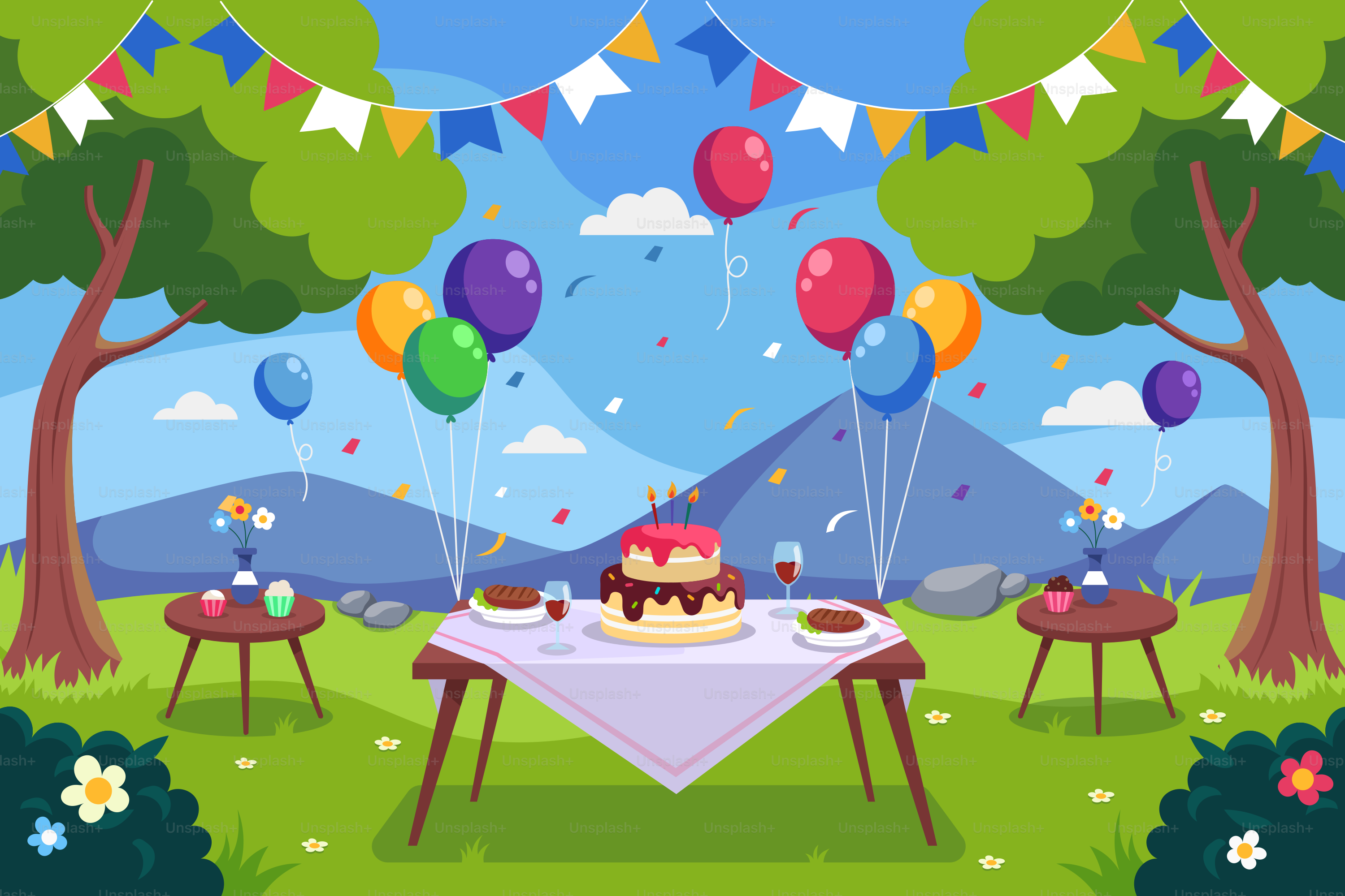 A table with a cake and balloons on it