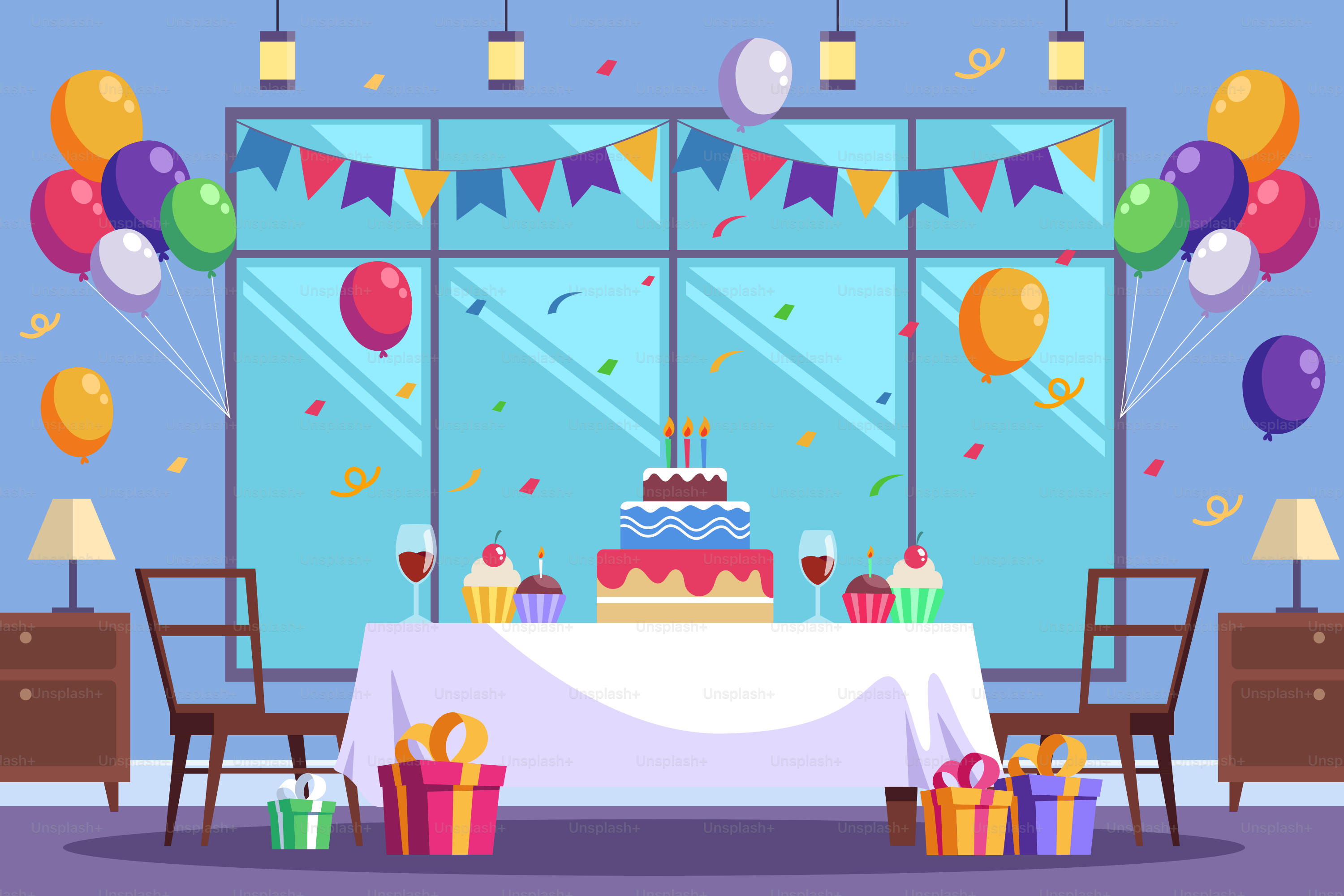 A table with a cake and presents in front of a window