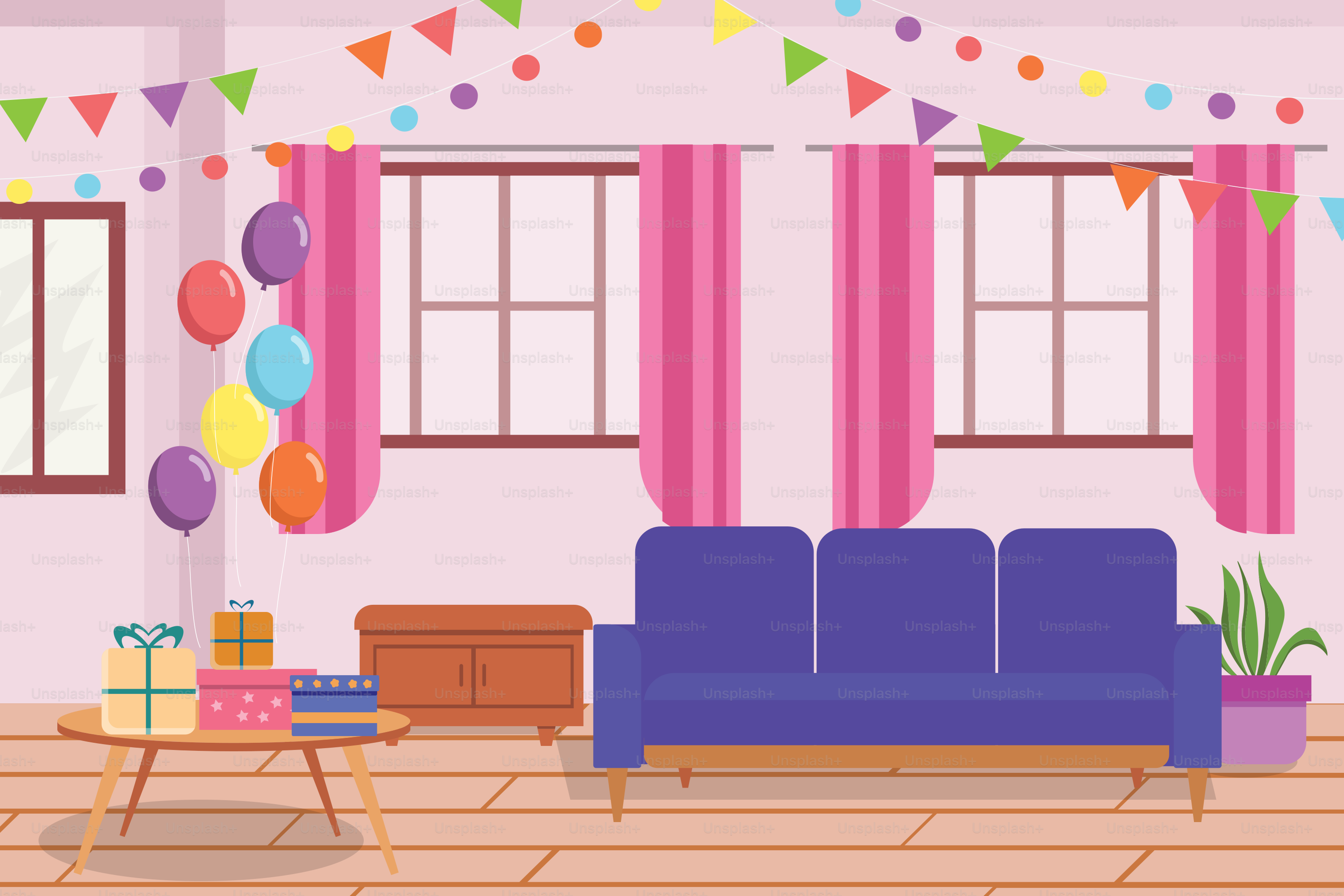 A living room filled with furniture and balloons