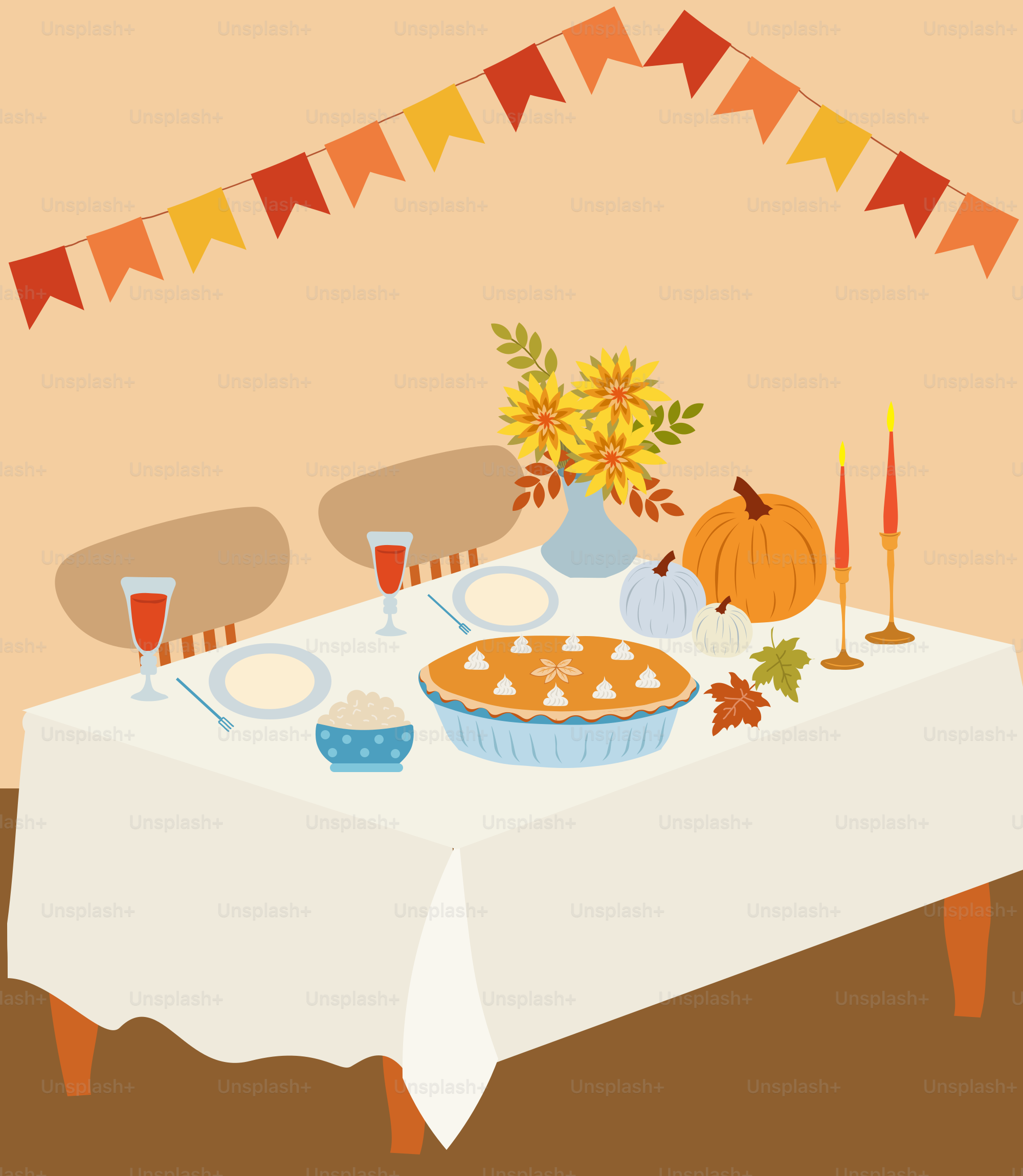 A table with a white table cloth and a white table cloth with a pie on