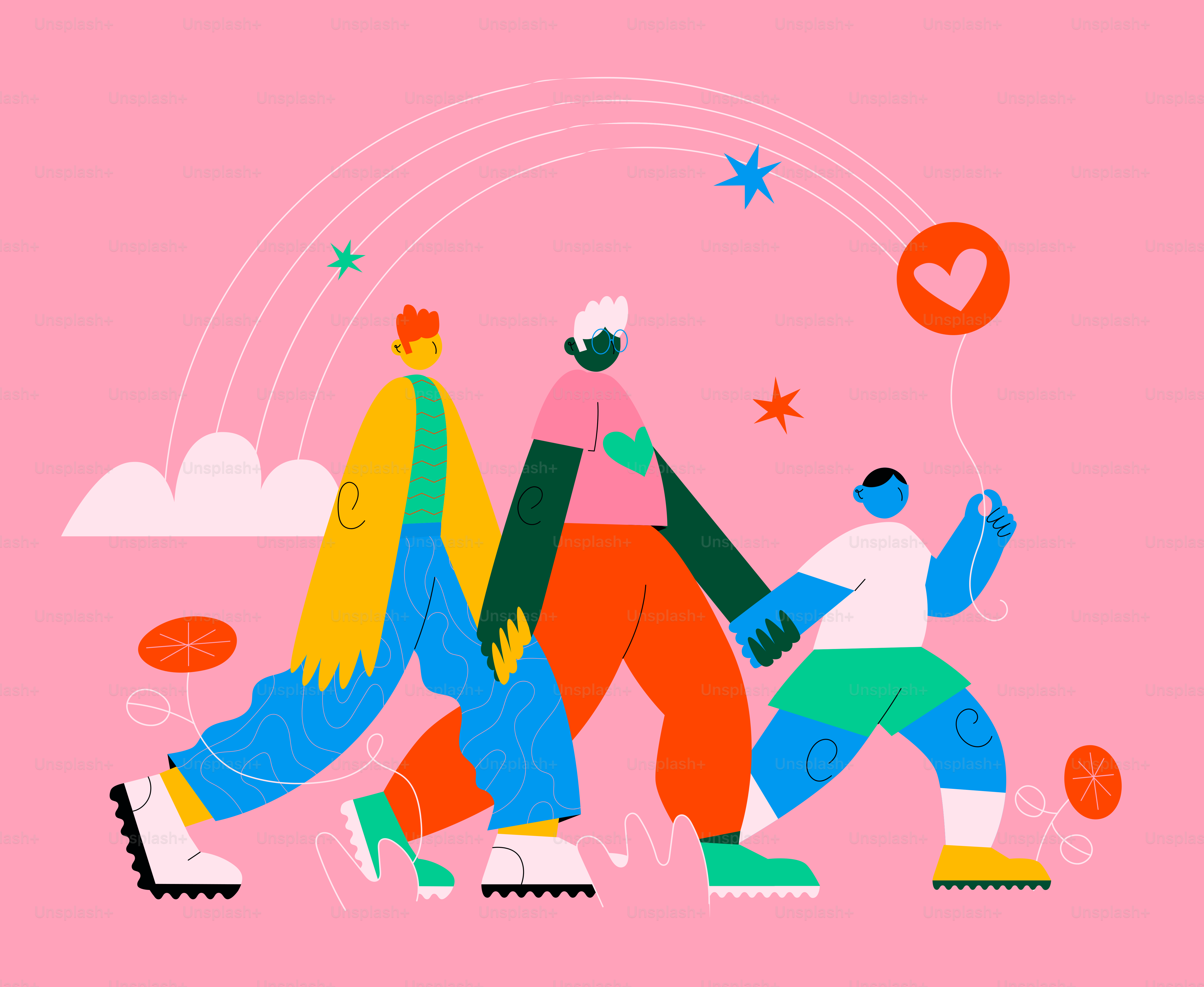 A group of people walking across a pink background