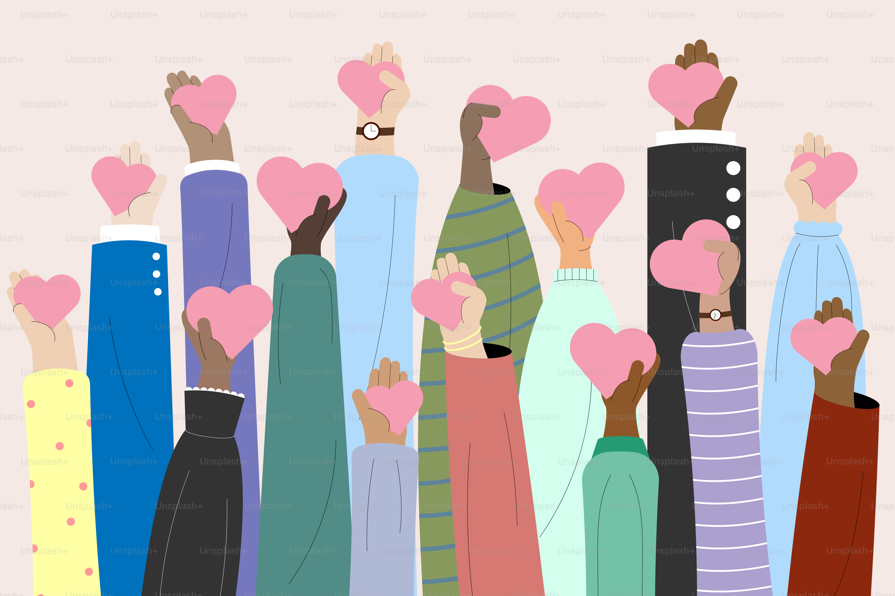 A group of people holding up hearts