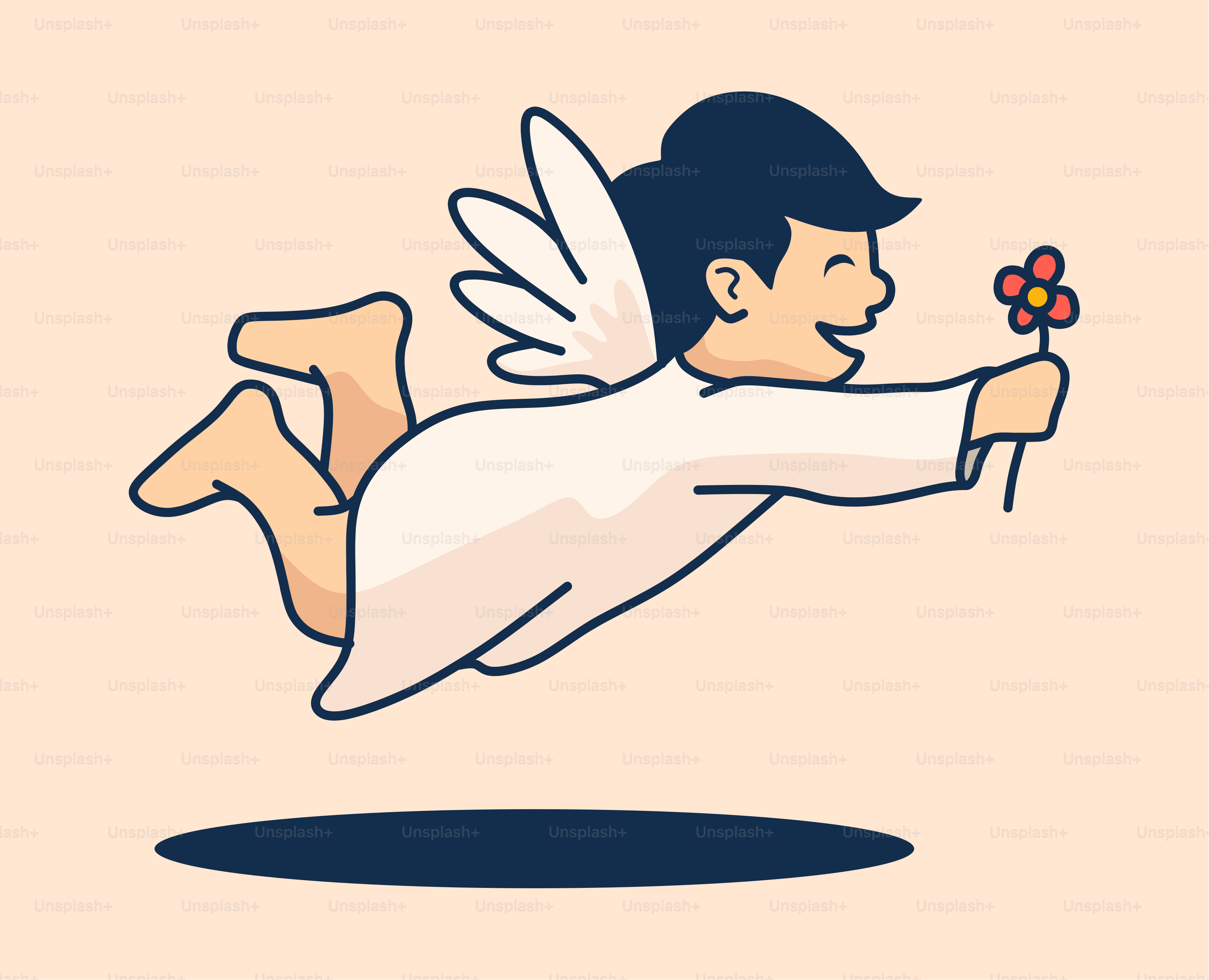 花を手に空中を飛ぶ男