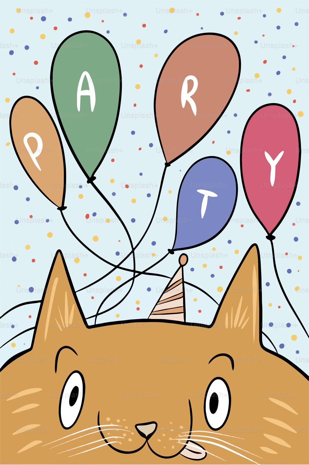 Une carte d’anniversaire avec un chat portant un chapeau de fête