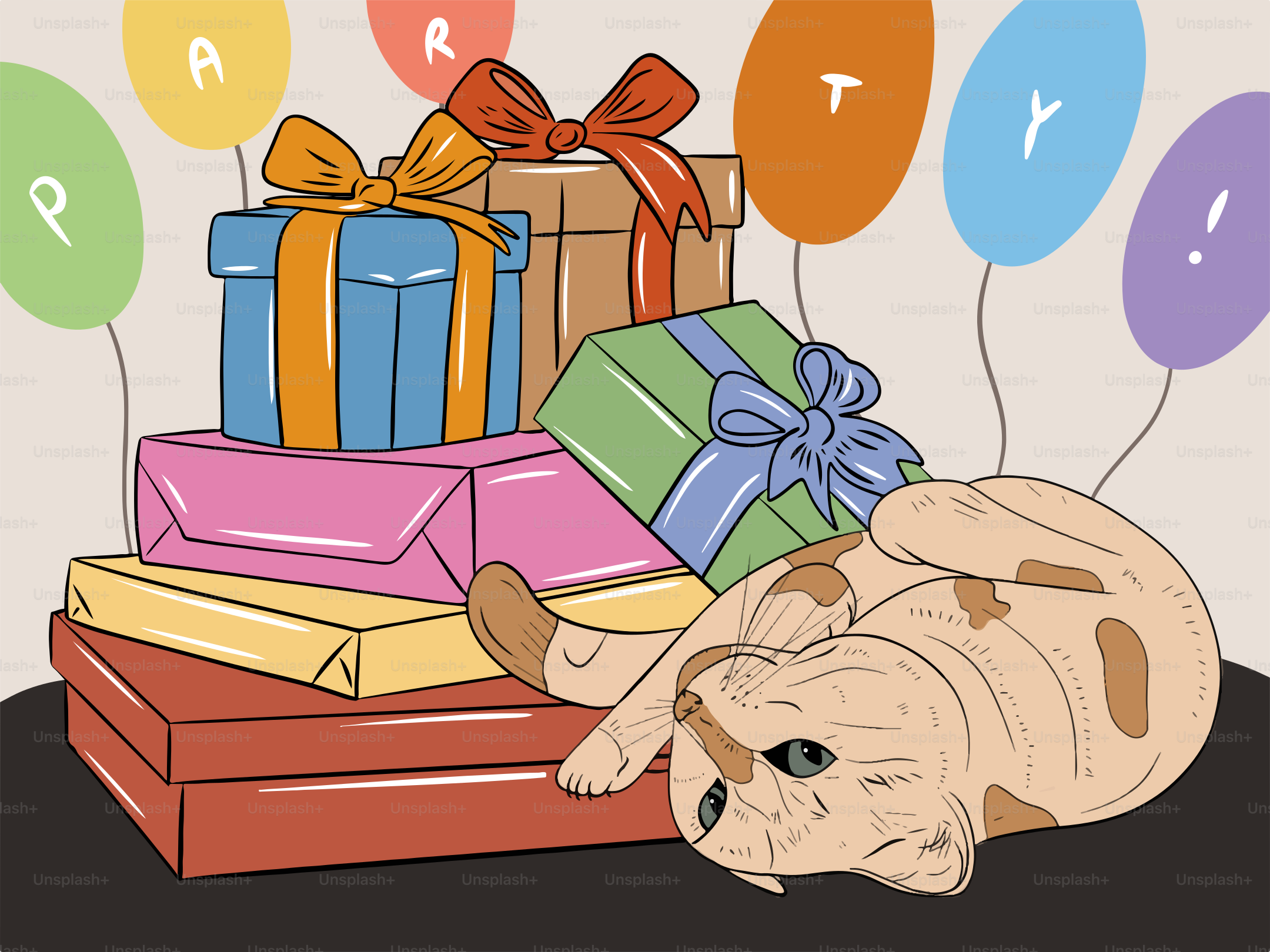Un chien allongé sur une pile de cadeaux