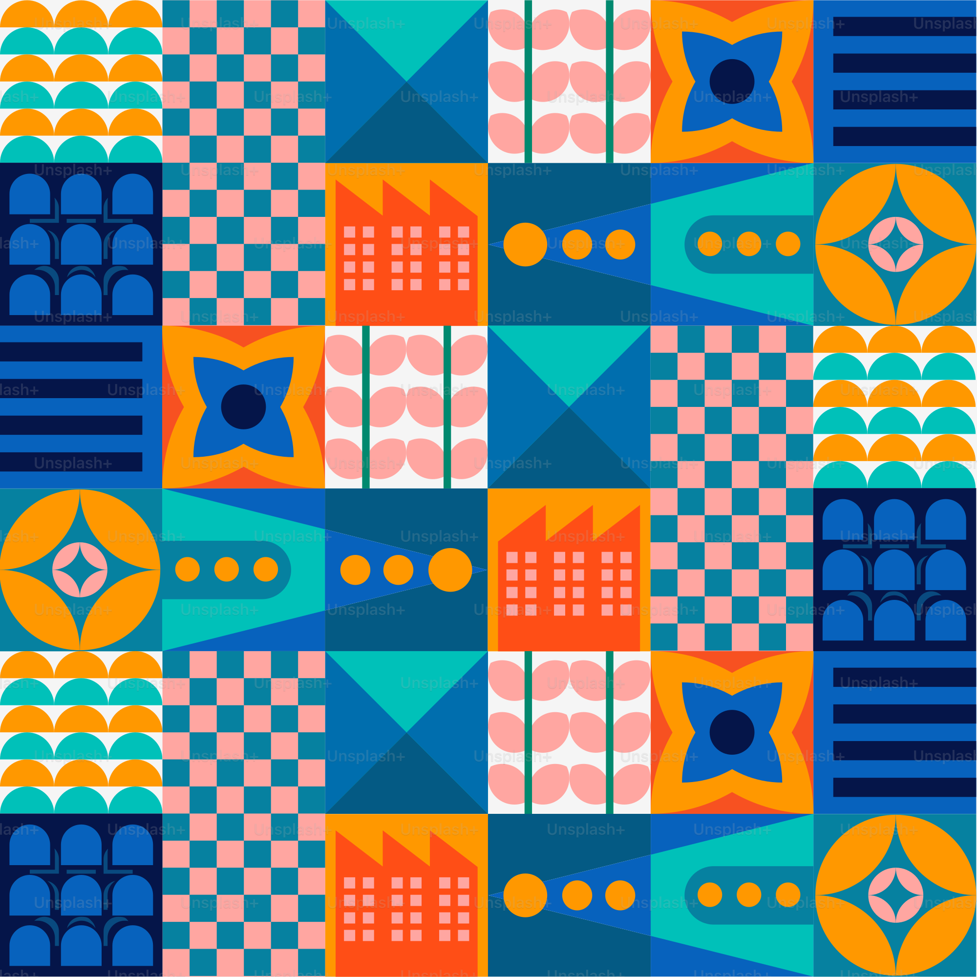 A blue and orange pattern with squares and dots