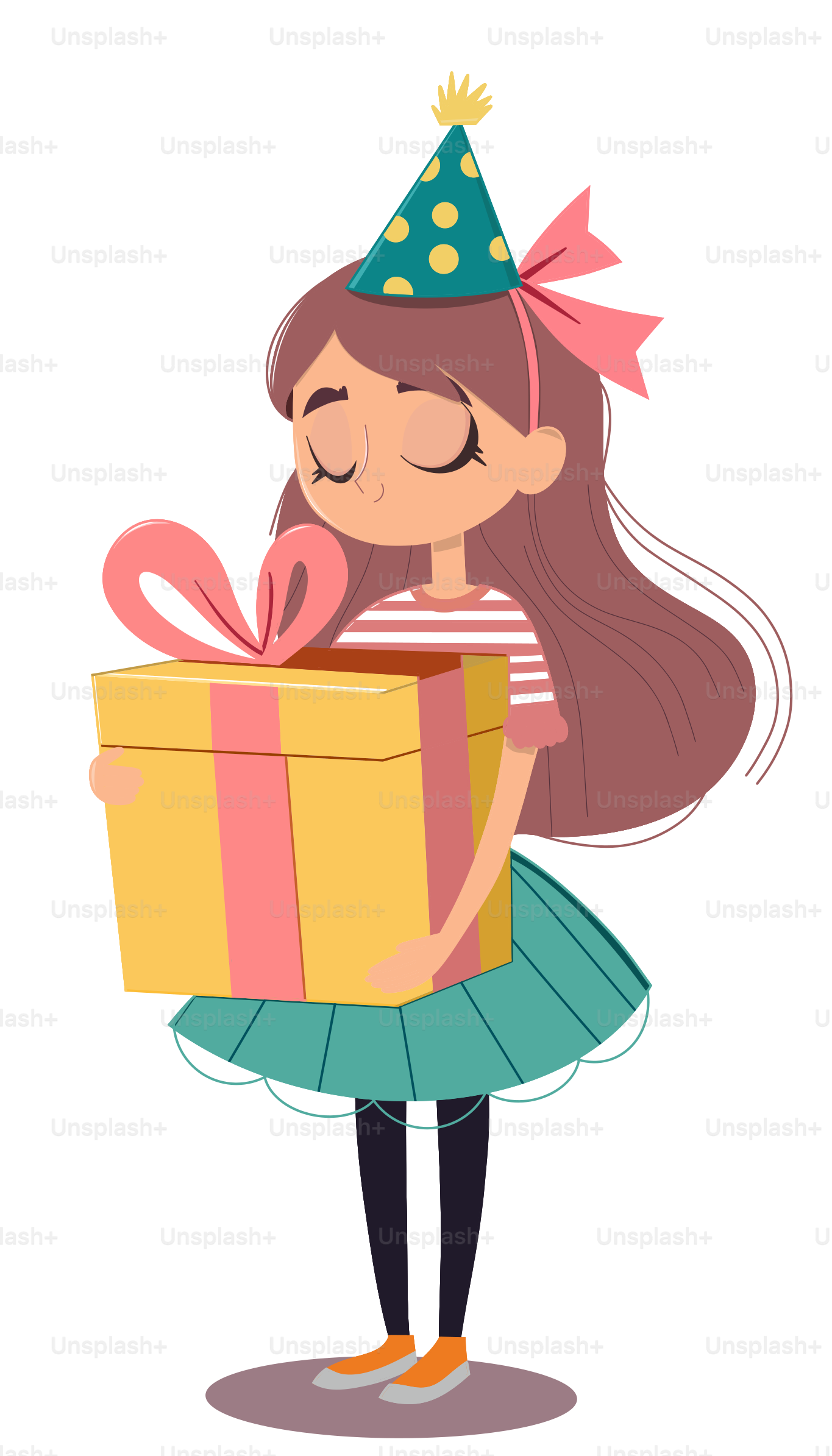A girl with a birthday hat holding a gift