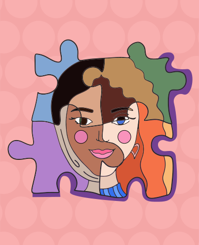 A picture of a woman's face with a puzzle piece in front of her