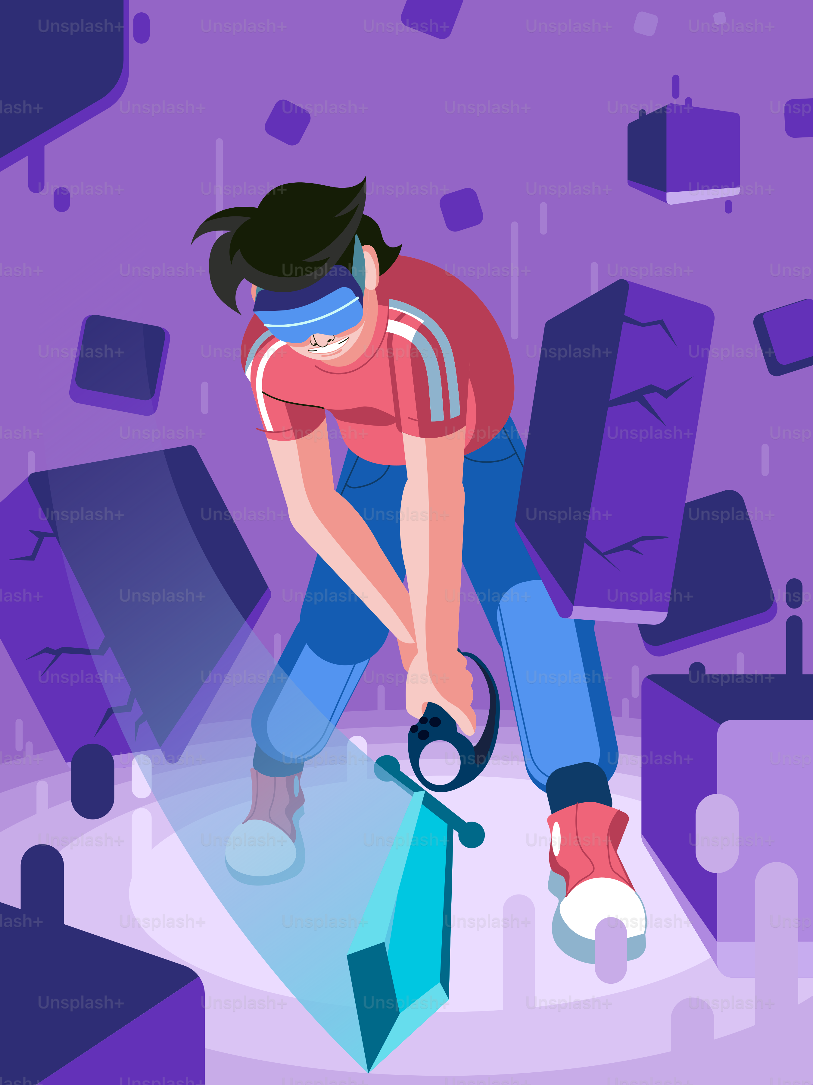 A man in a red shirt and blue pants is holding a blue umbrella