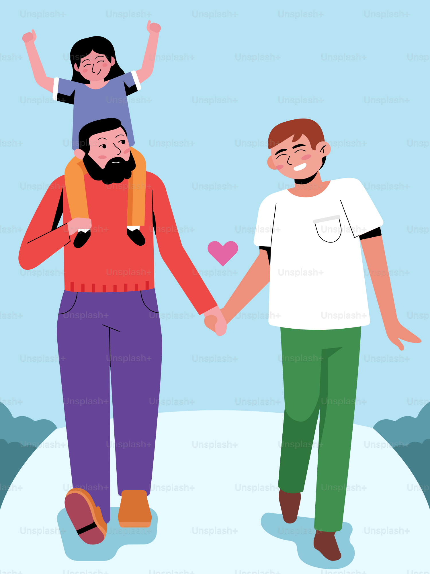 A man and a woman holding hands with a child on their shoulders