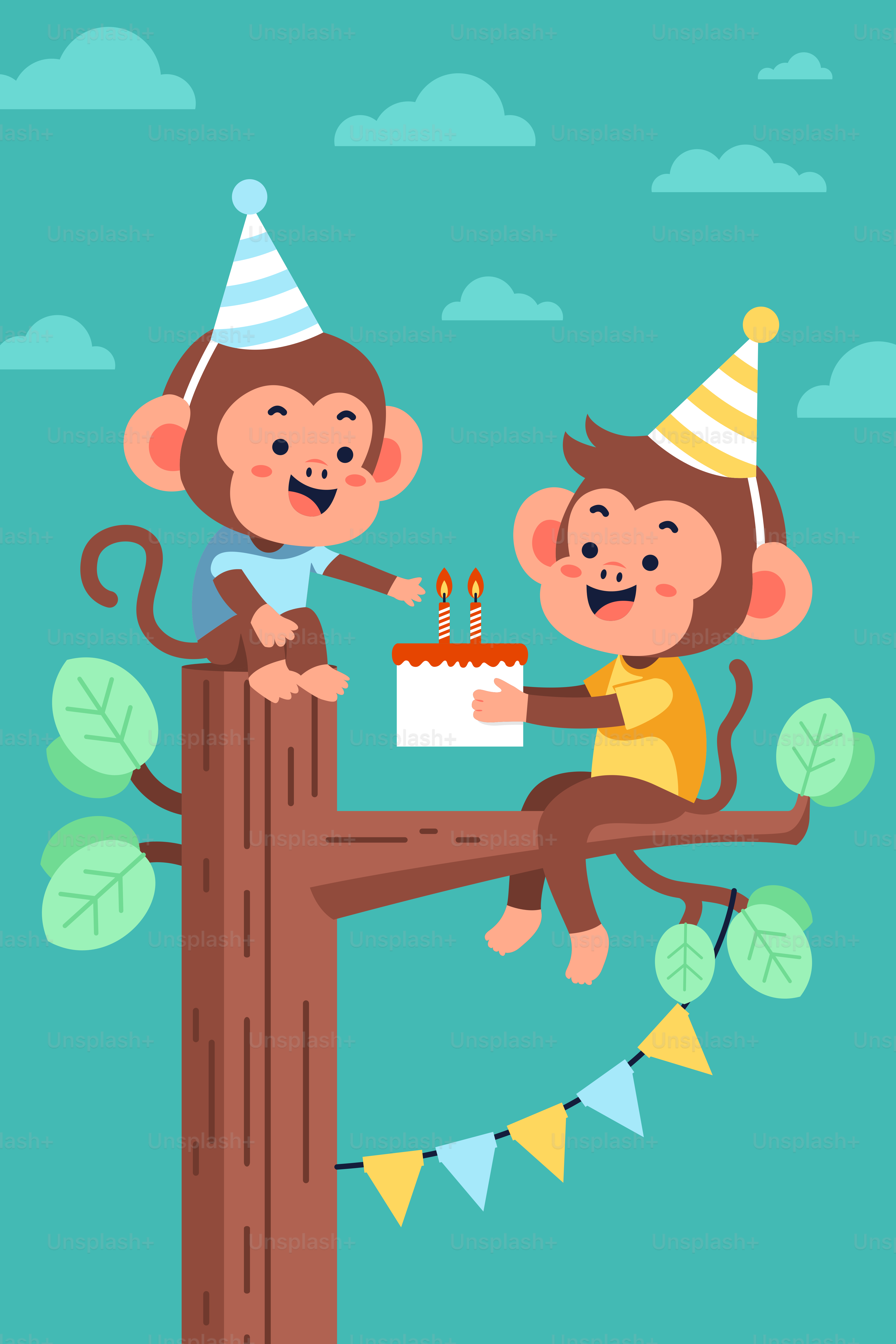 Dos monos sentados en un árbol con un pastel de cumpleaños