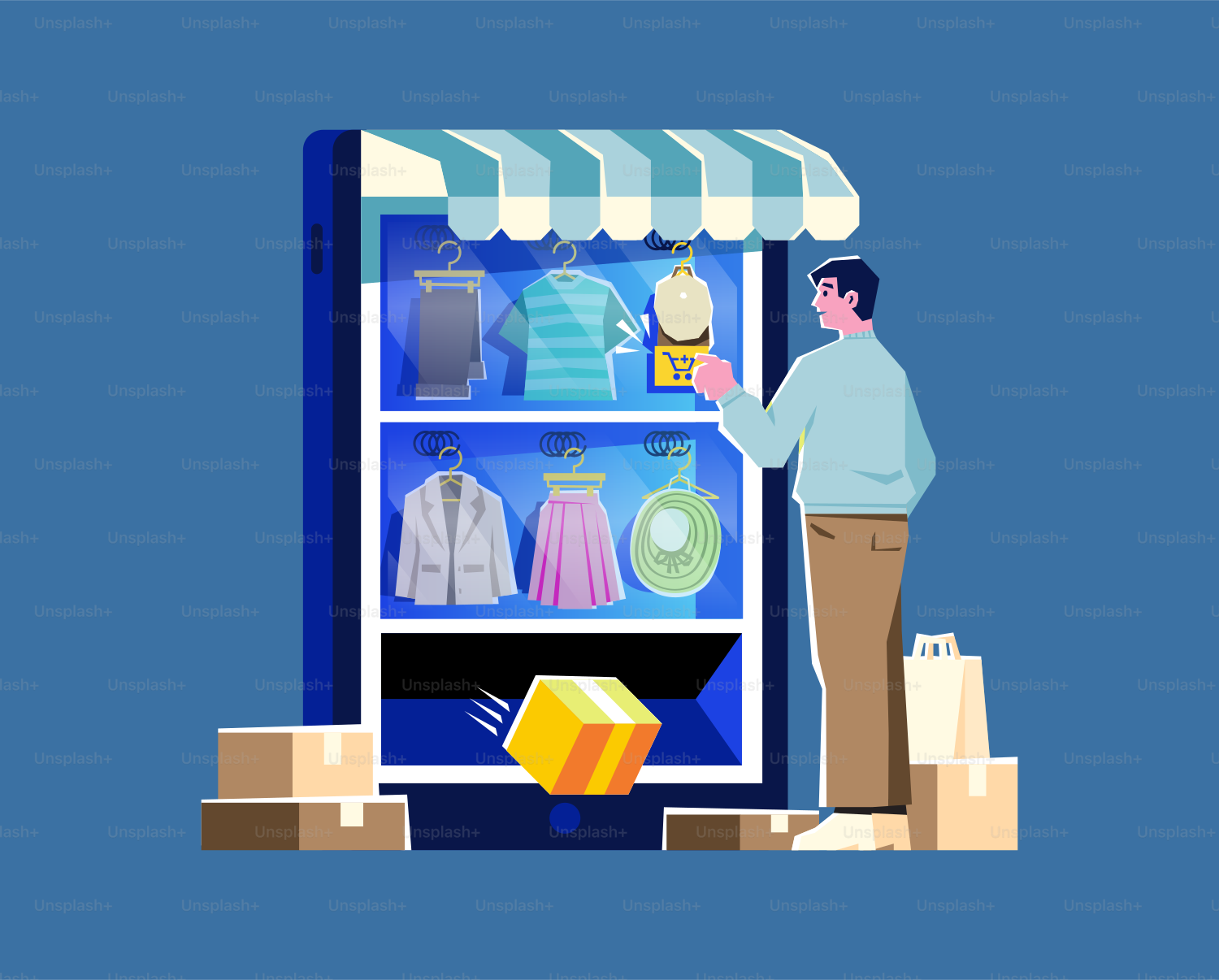 服の展示の前に立つ男