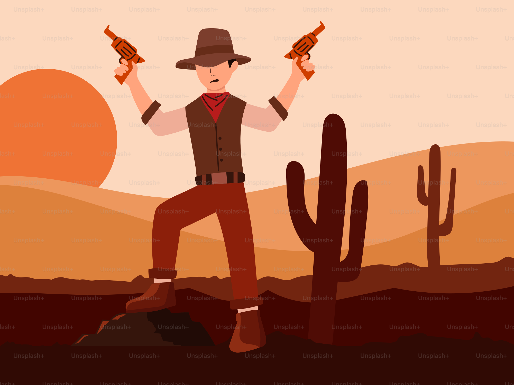 A man holding two guns in a desert