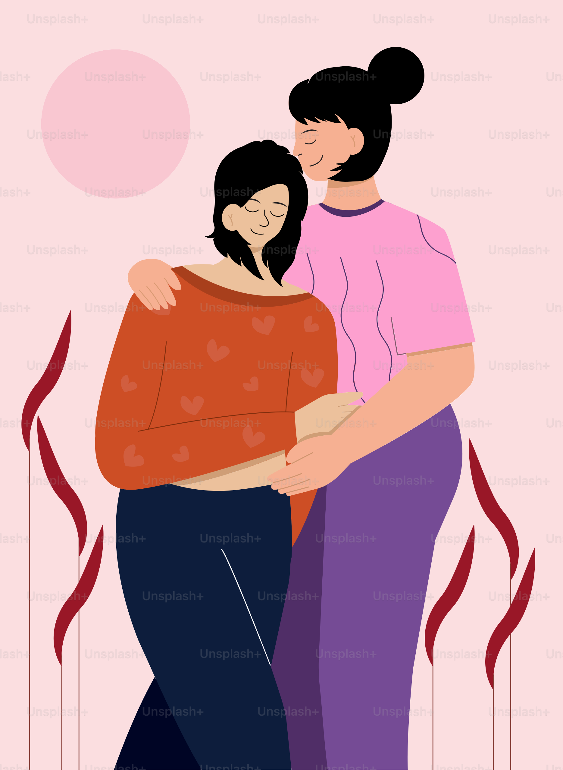 A couple hugging each other on a pink background