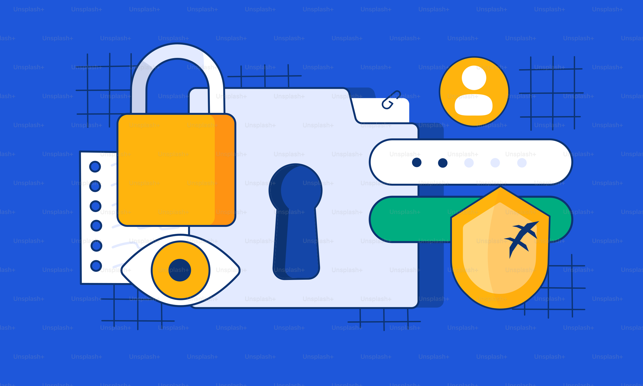 A blue background with a padlock and a key