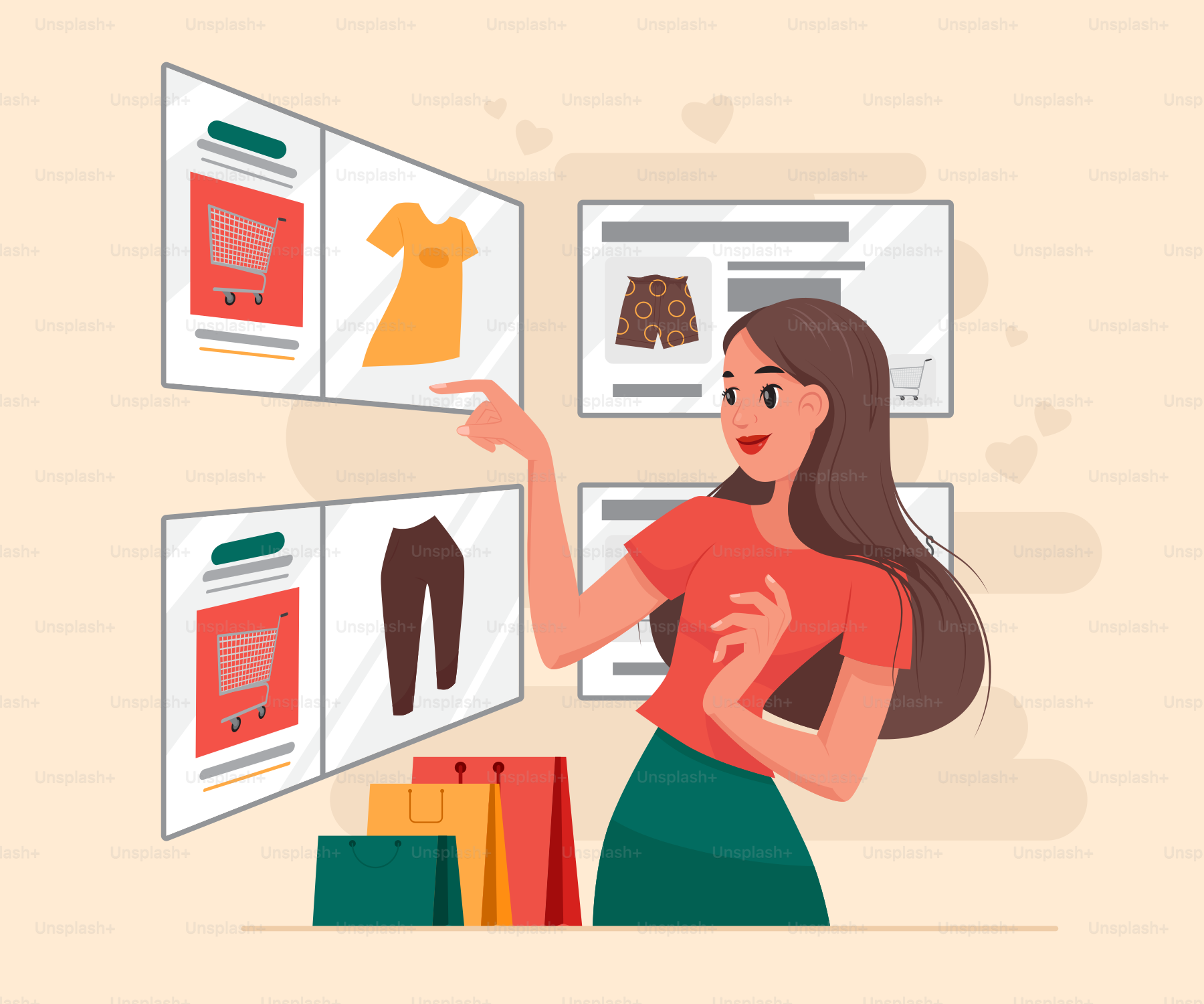 Une femme pointant un présentoir de vêtements accroché au mur